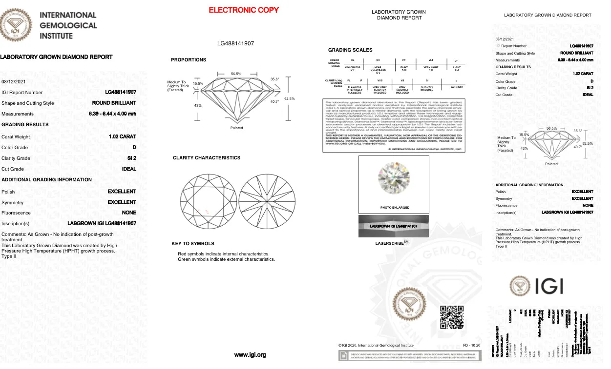 1.02ct D/SI2 RBC Lab Created Diamond IGI#LG488141907