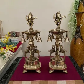 14 Inches Dancing Ganesha Brass Diya Lamp (Set of 2) - Antique Finish - Temple Decor - Brass Diya For Pooja