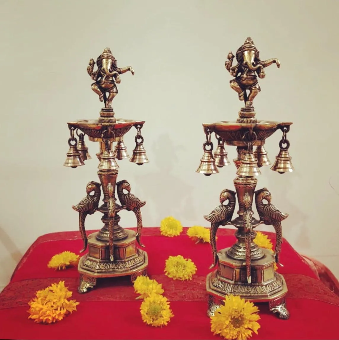 14 Inches Dancing Ganesha Brass Diya Lamp (Set of 2) - Antique Finish - Temple Decor - Brass Diya For Pooja