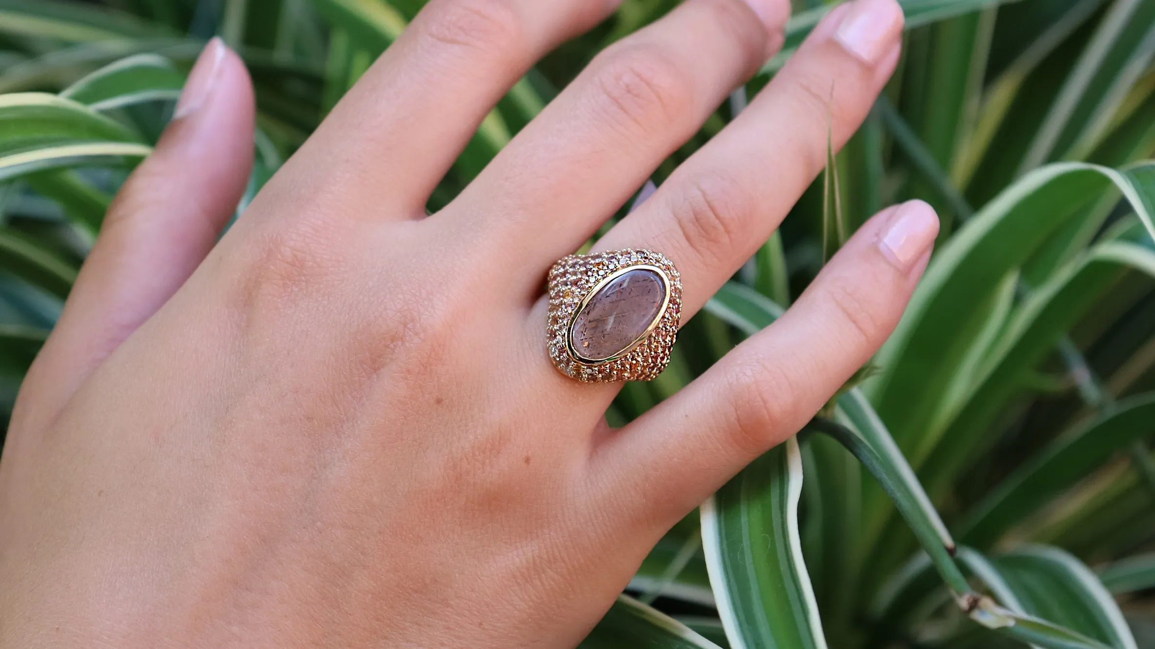 14K Yellow Gold Oval Sunstone with Garnet Yellow Sapphire and Diamond Accent Ring