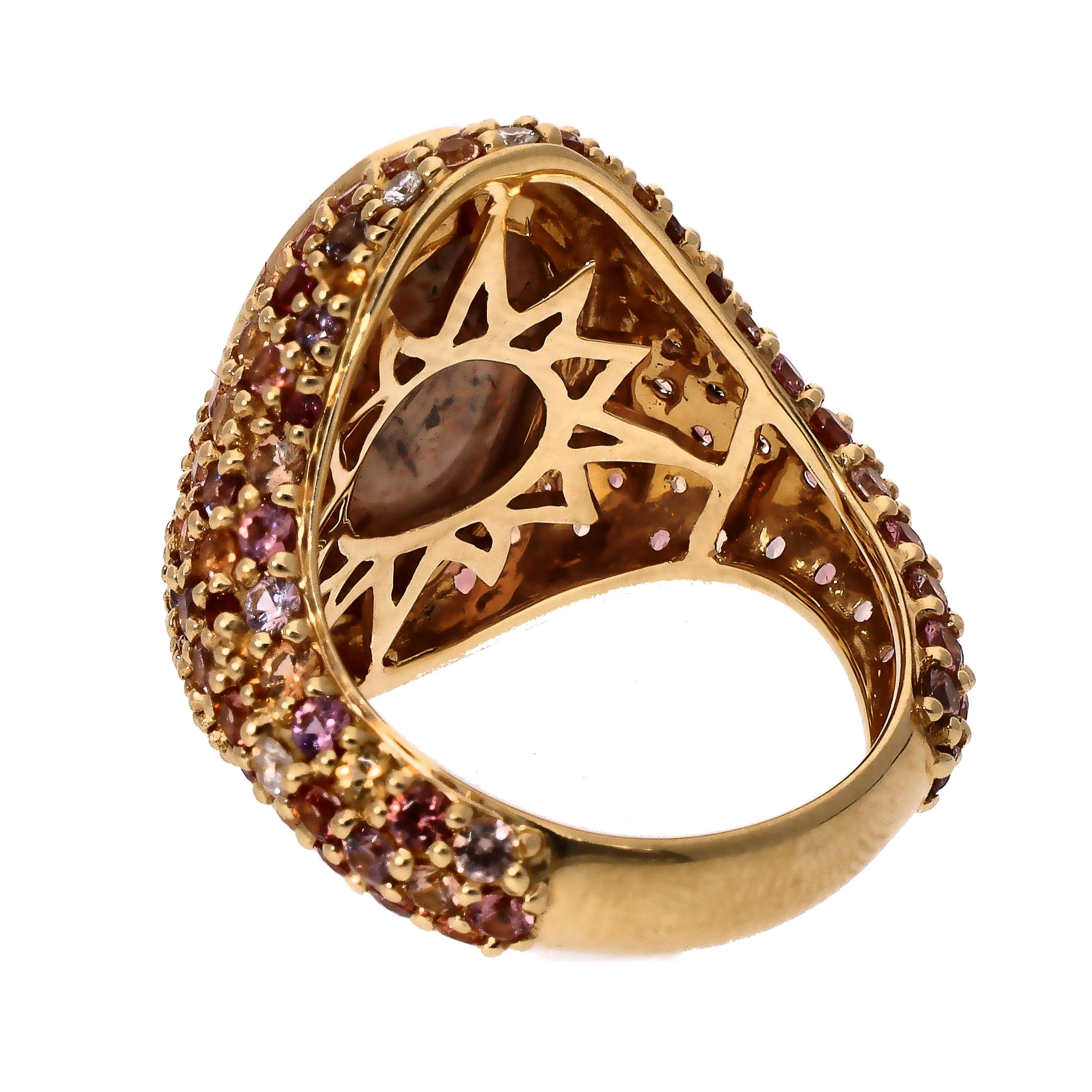 14K Yellow Gold Oval Sunstone with Garnet Yellow Sapphire and Diamond Accent Ring