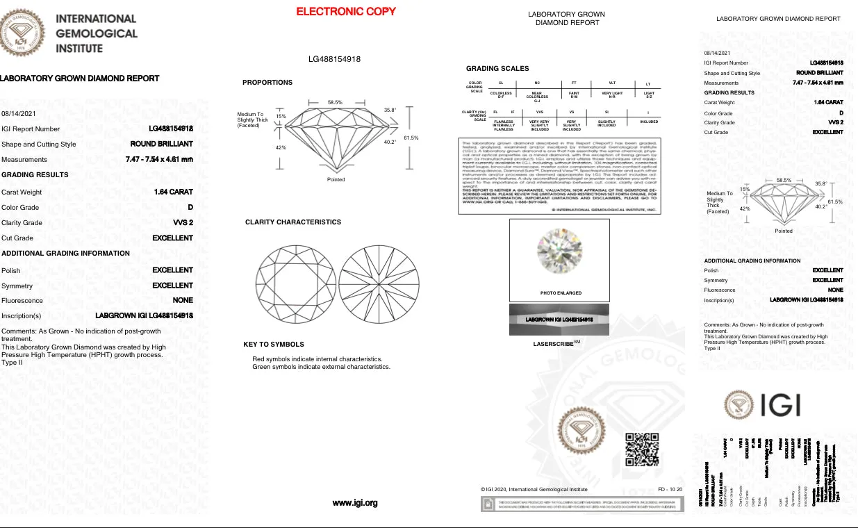 1.64ct D/VVS2 RBC Lab Created Diamond IGI #LG488154918