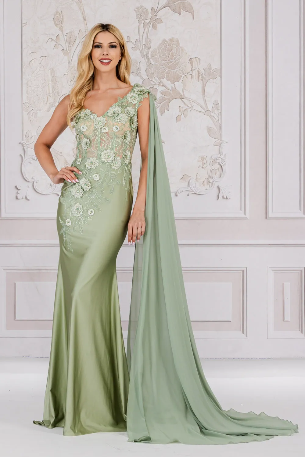 3D Floral One Shoulder Cape Gown by Amelia Couture 388 - Outlet
