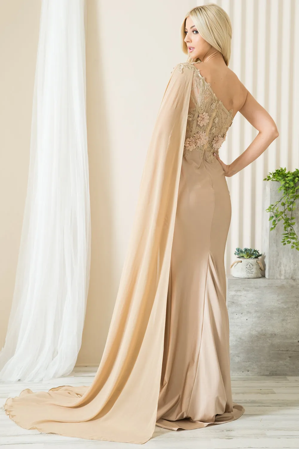 3D Floral One Shoulder Cape Gown by Amelia Couture 388 - Outlet