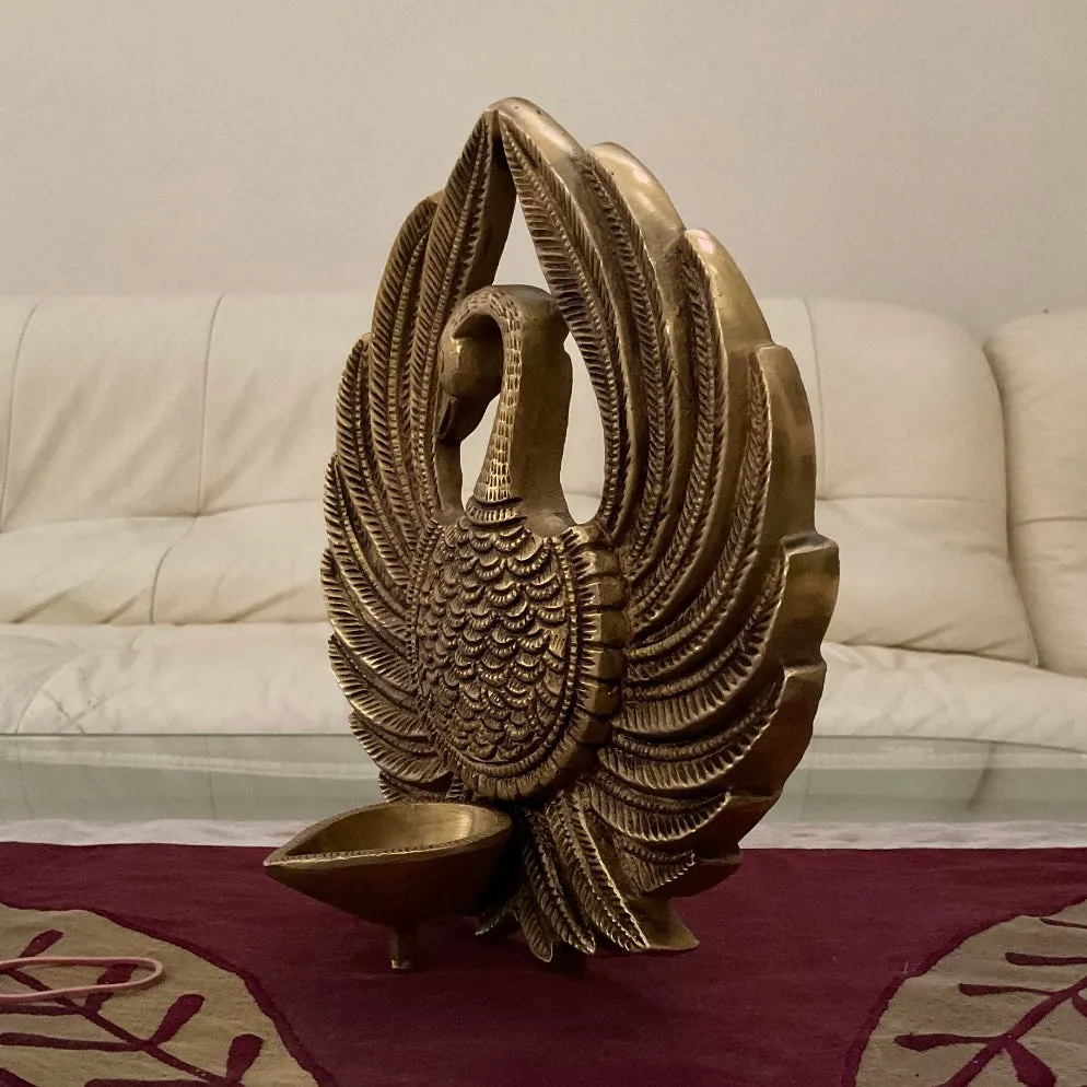 8.5 Inches Dancing Peacock Brass Diya Lamp - Festive Home Decor