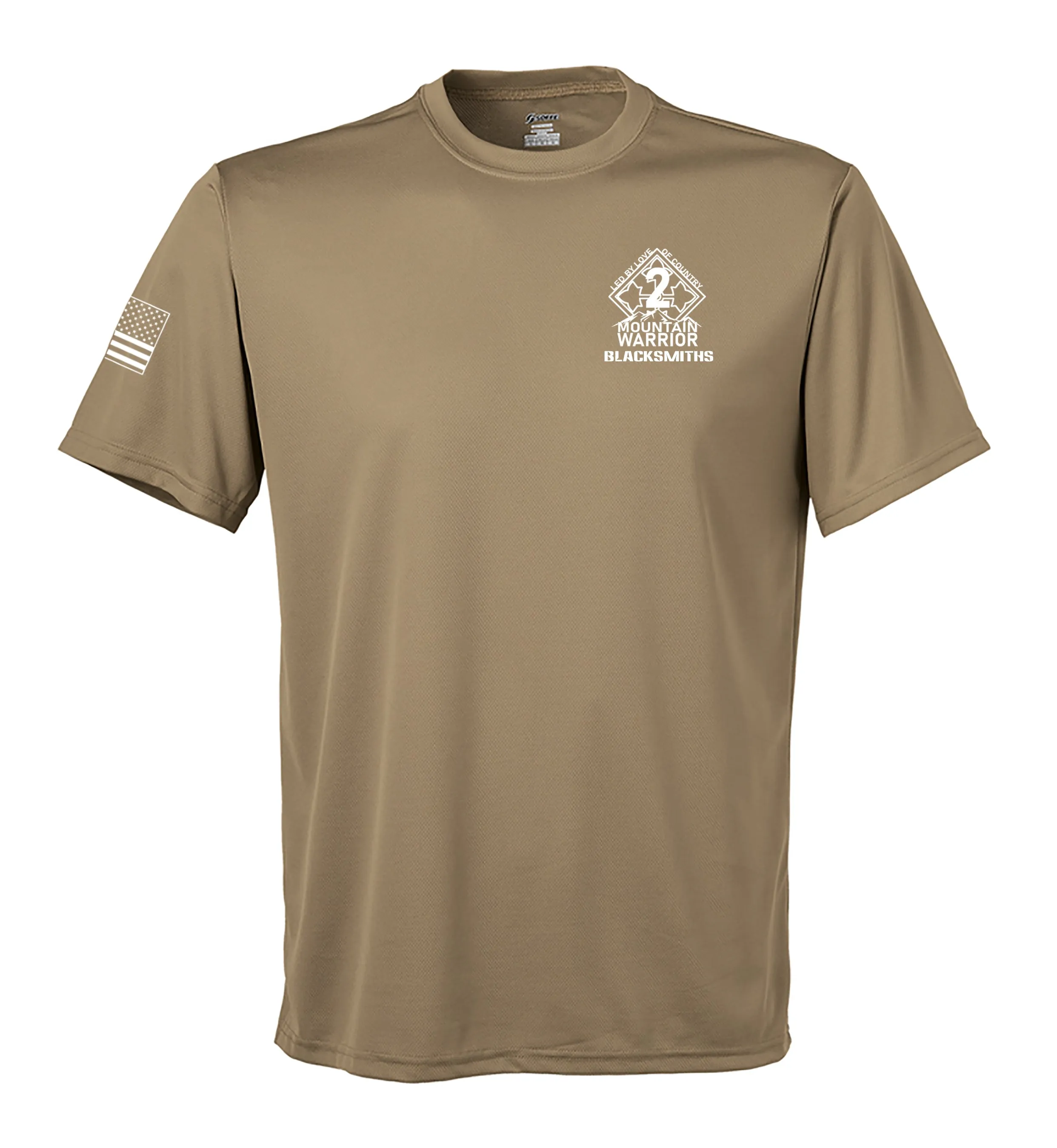 A CO Performance Coyote Tan Closed Mesh Unisex Shirt (White Design). This shirt is NOT approved for PT