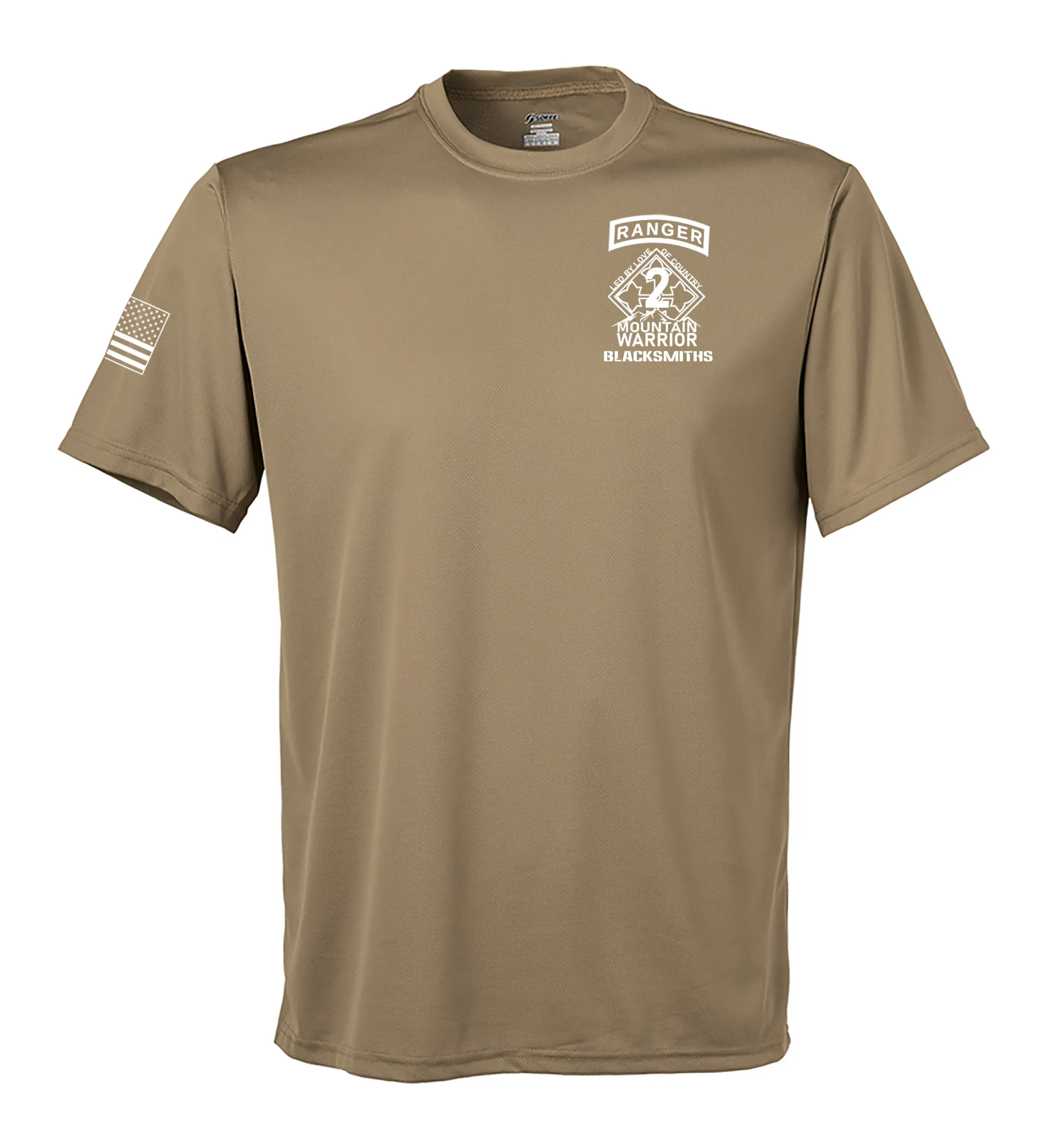 A CO Performance Coyote Tan Closed Mesh Unisex Shirt (White Design). This shirt is NOT approved for PT