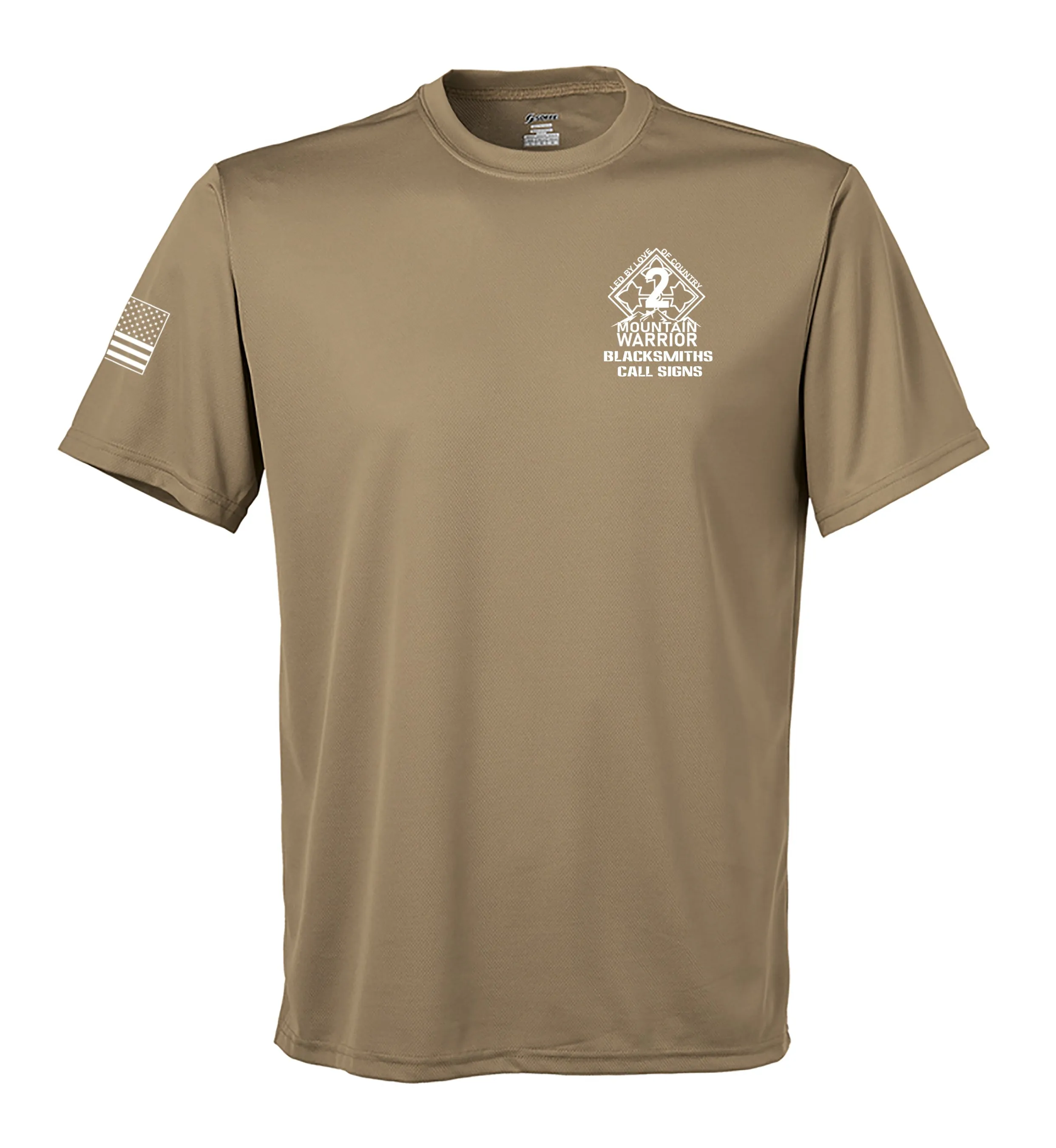 A CO Performance Coyote Tan Closed Mesh Unisex Shirt (White Design). This shirt is NOT approved for PT