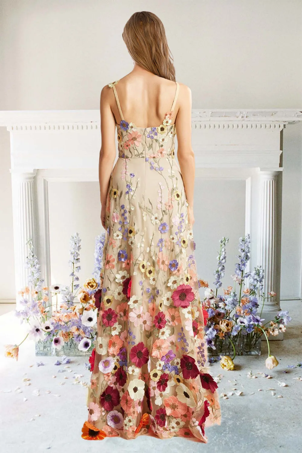 A Line Spaghetti Straps Champagne Long Prom Dress with Appliques