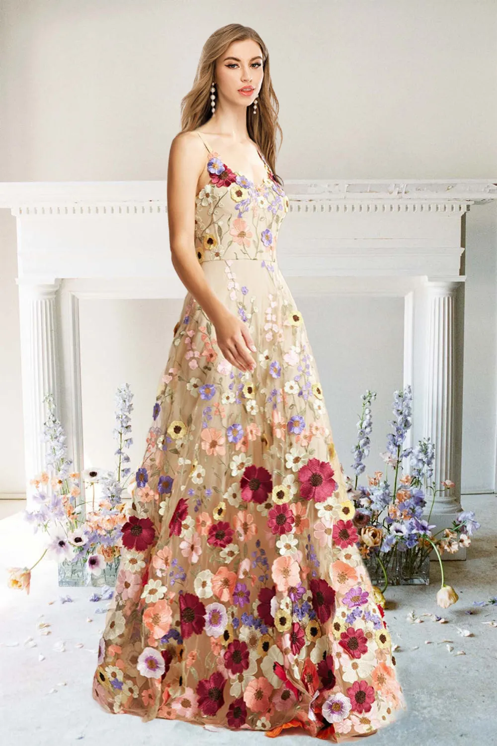 A Line Spaghetti Straps Champagne Long Prom Dress with Appliques