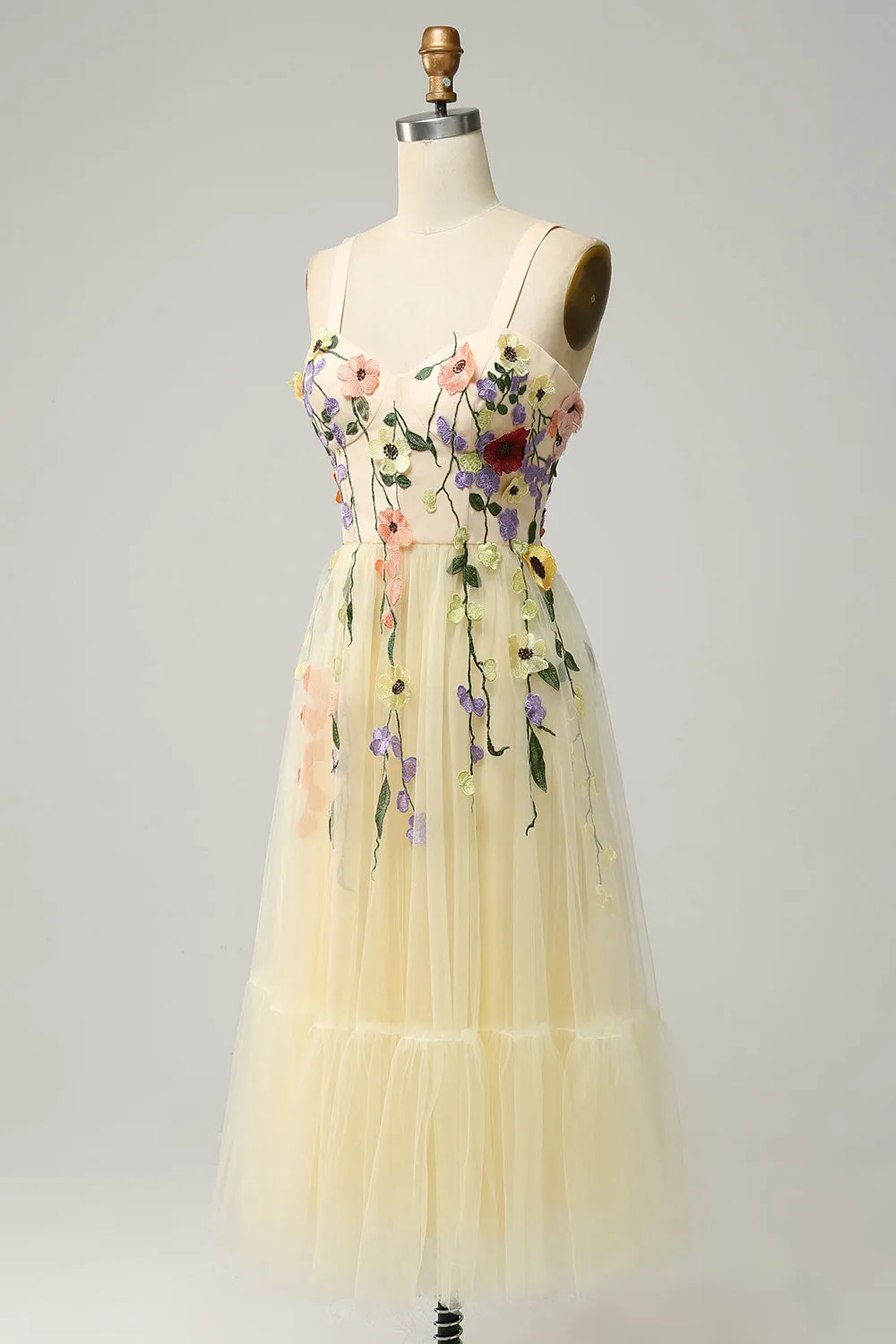 A Line Spaghetti Straps Champagne Tea Length Prom Dress with Appliques