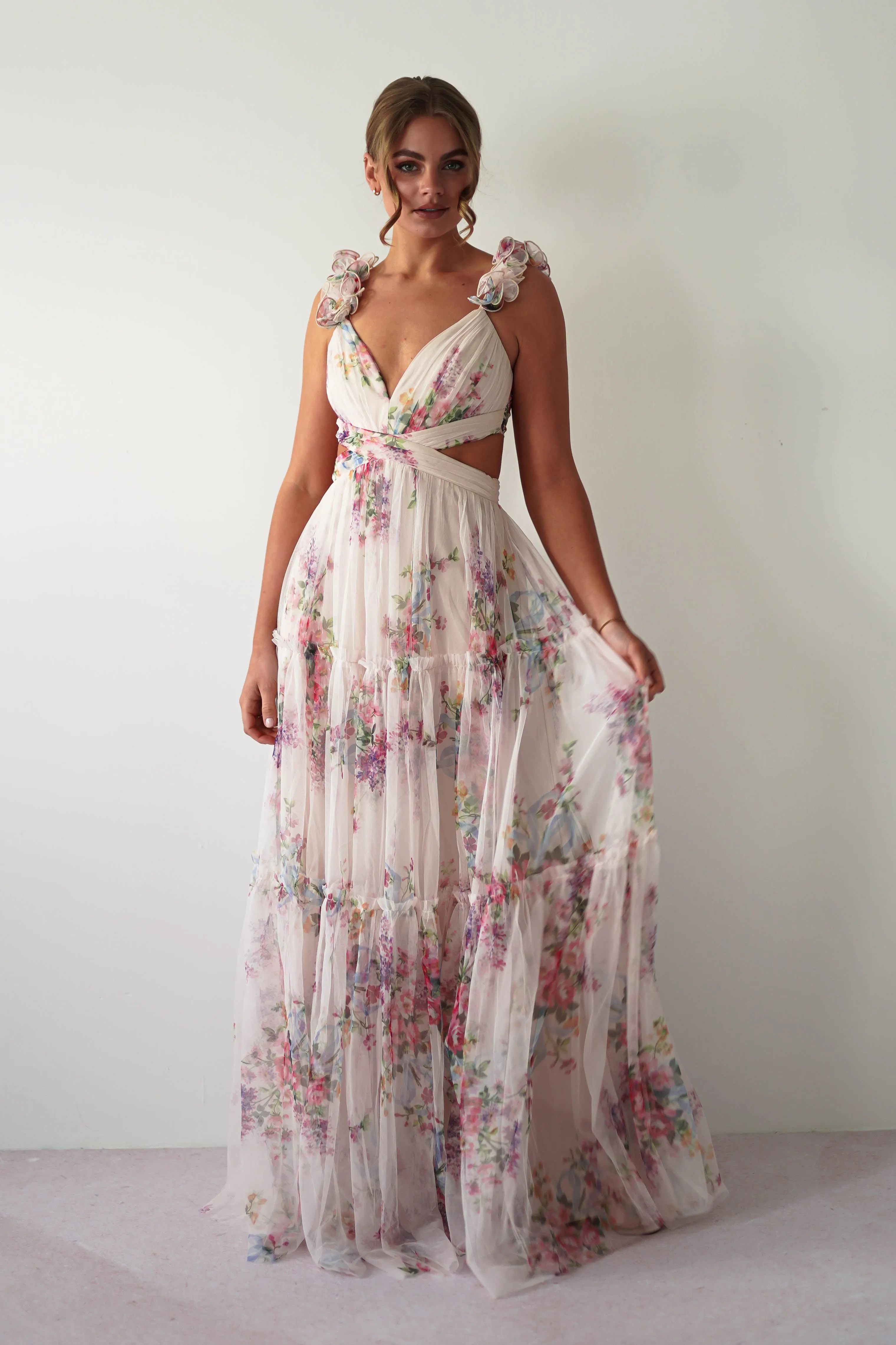 Alma Floral Print Tulle Maxi Dress | Cream