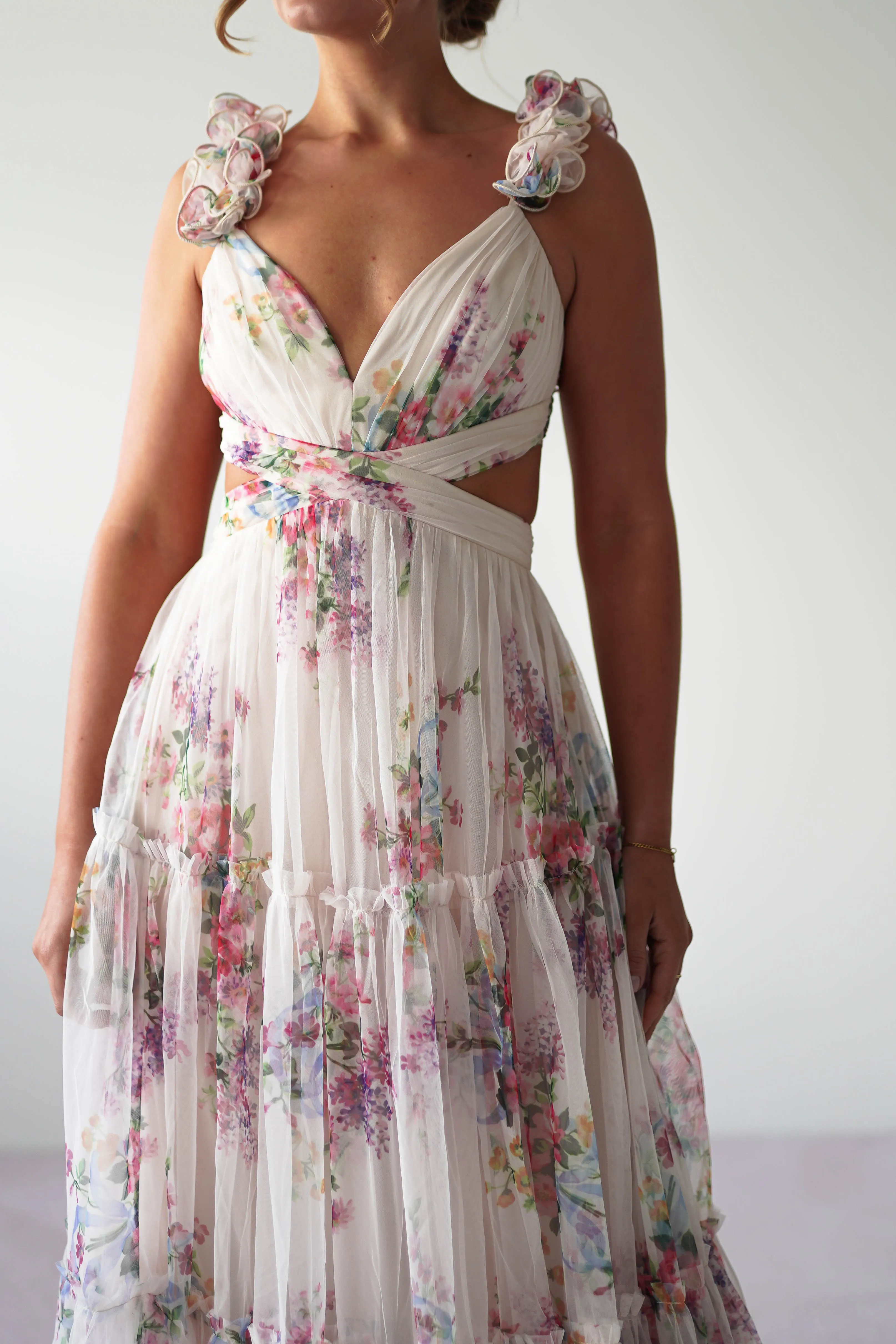 Alma Floral Print Tulle Maxi Dress | Cream