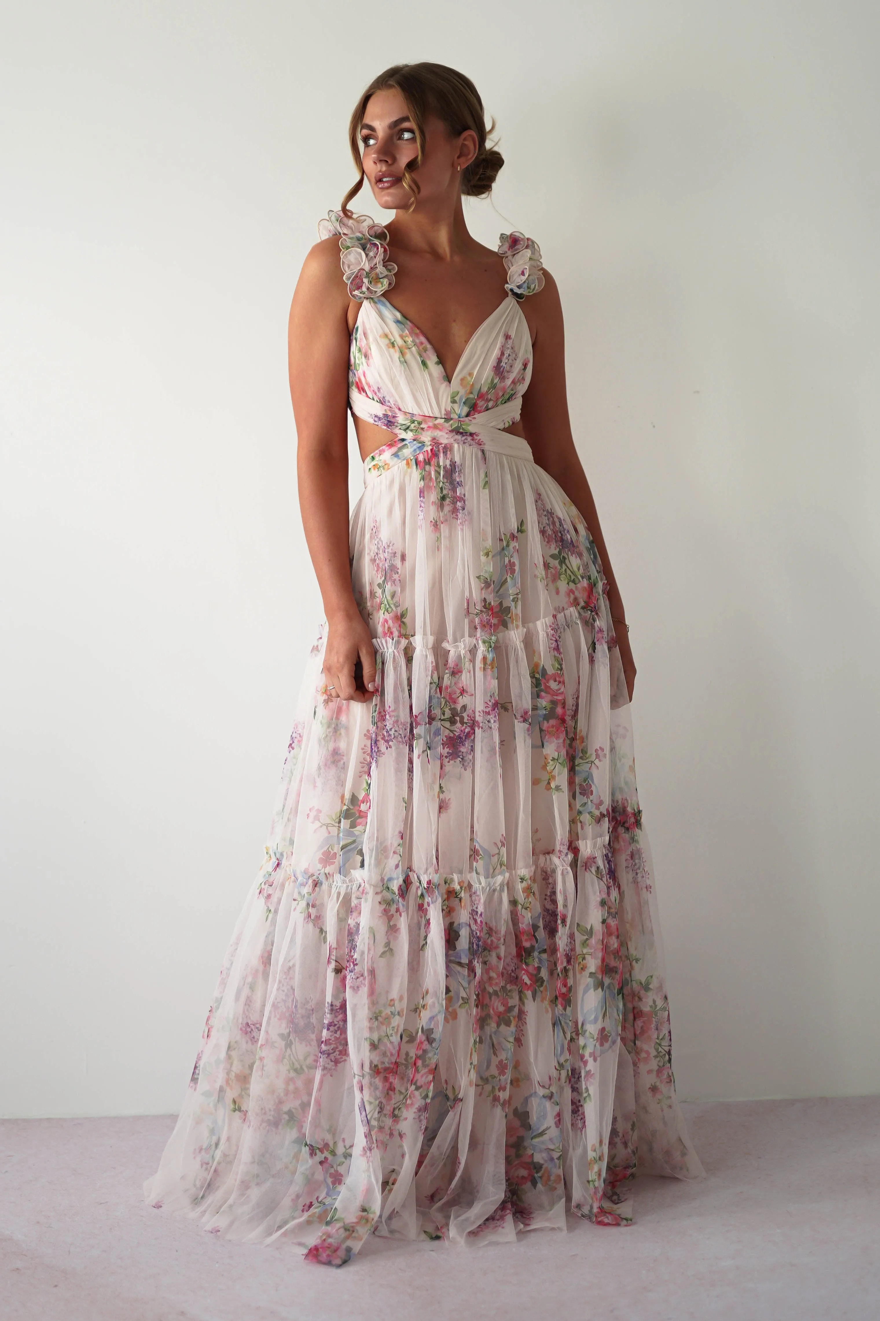 Alma Floral Print Tulle Maxi Dress | Cream