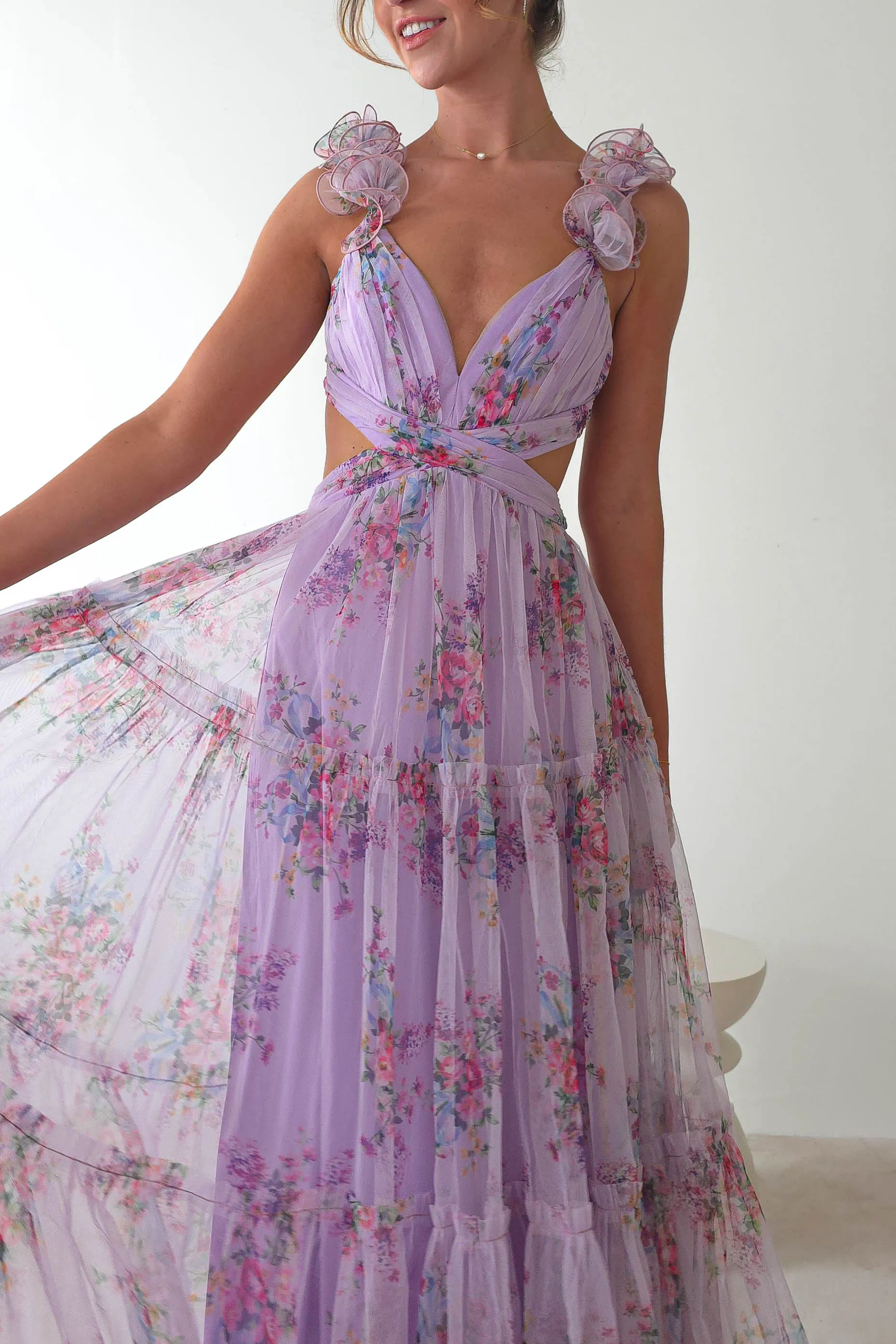 Alma Floral Print Tulle Maxi Dress | Lilac