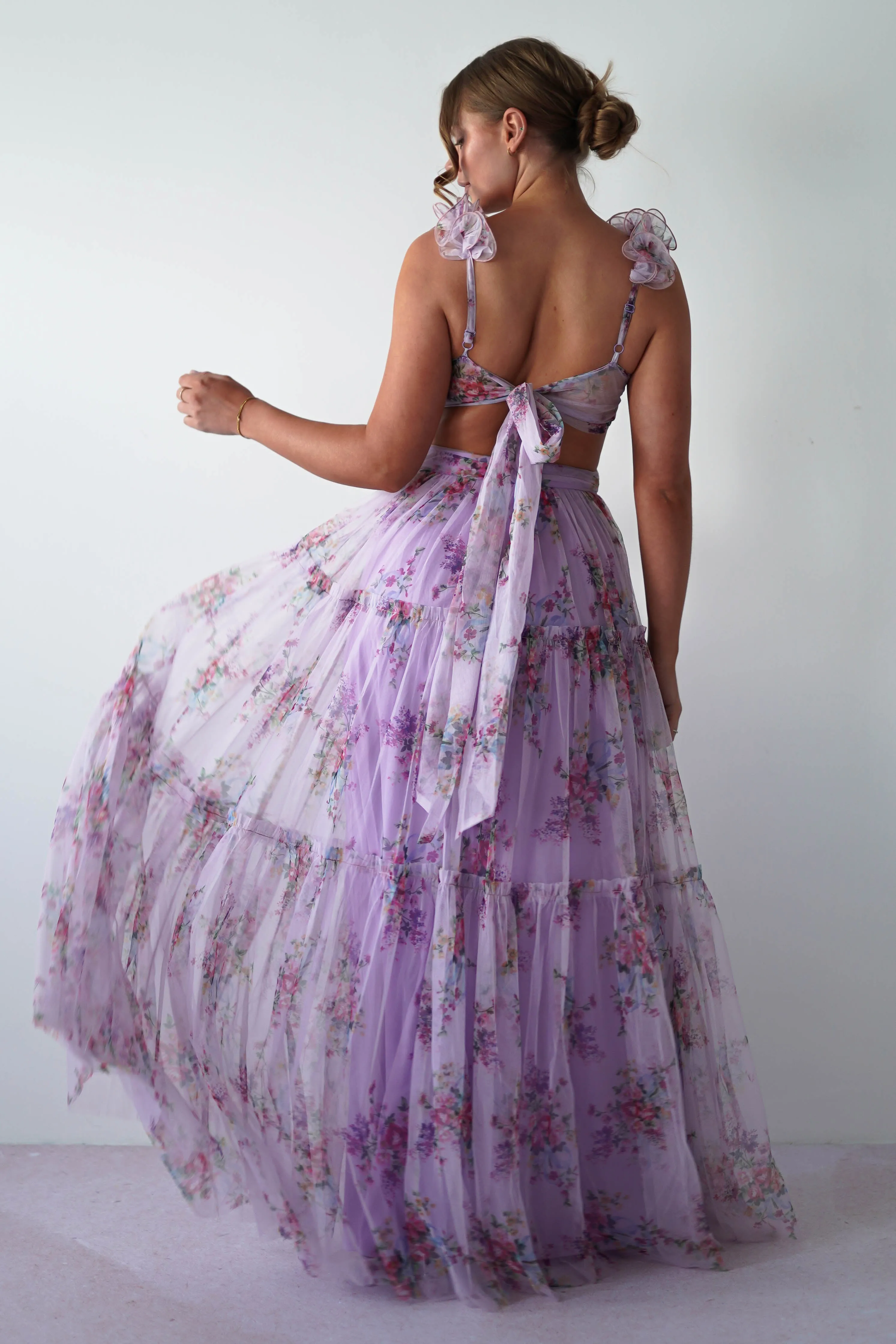 Alma Floral Print Tulle Maxi Dress | Lilac