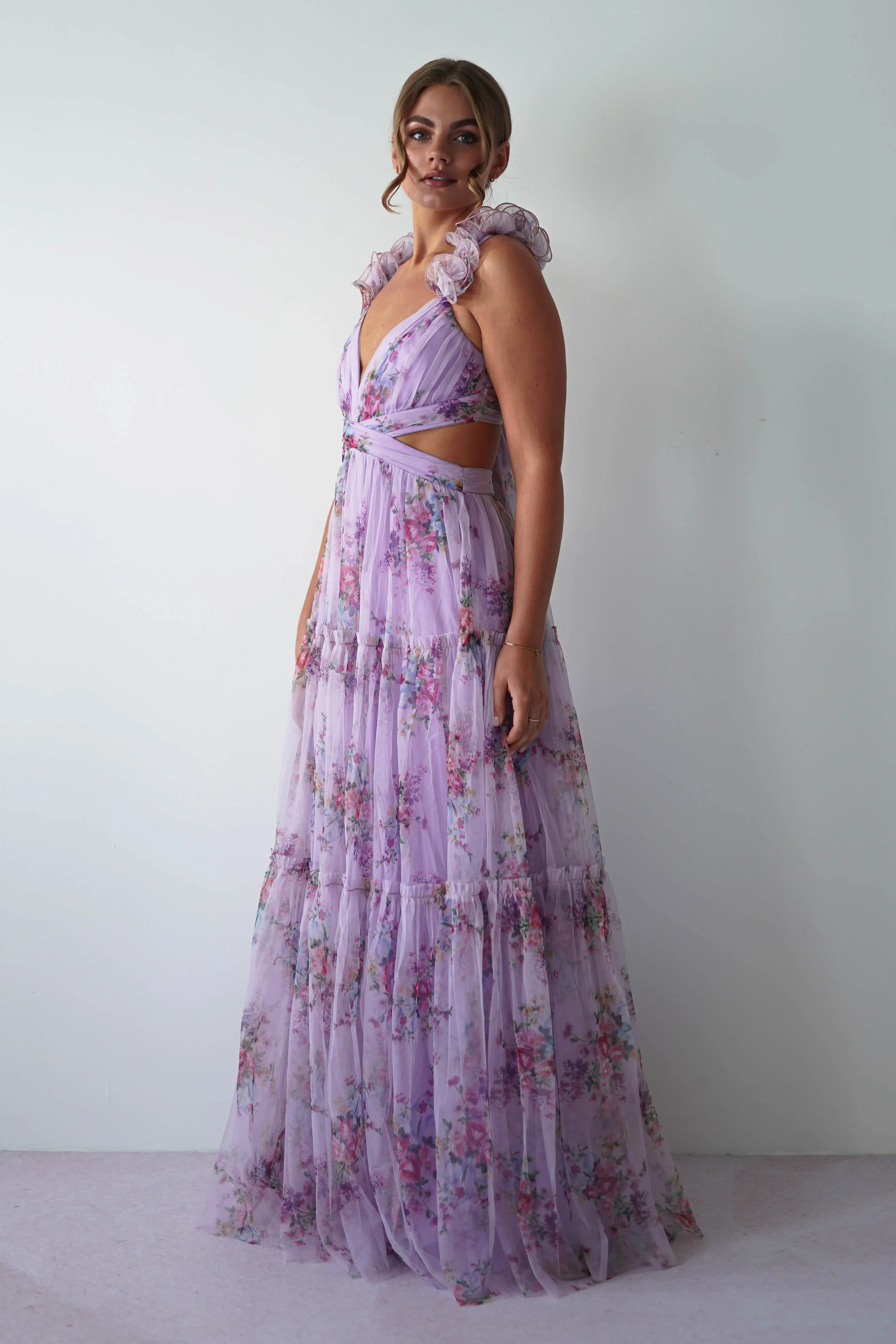 Alma Floral Print Tulle Maxi Dress | Lilac