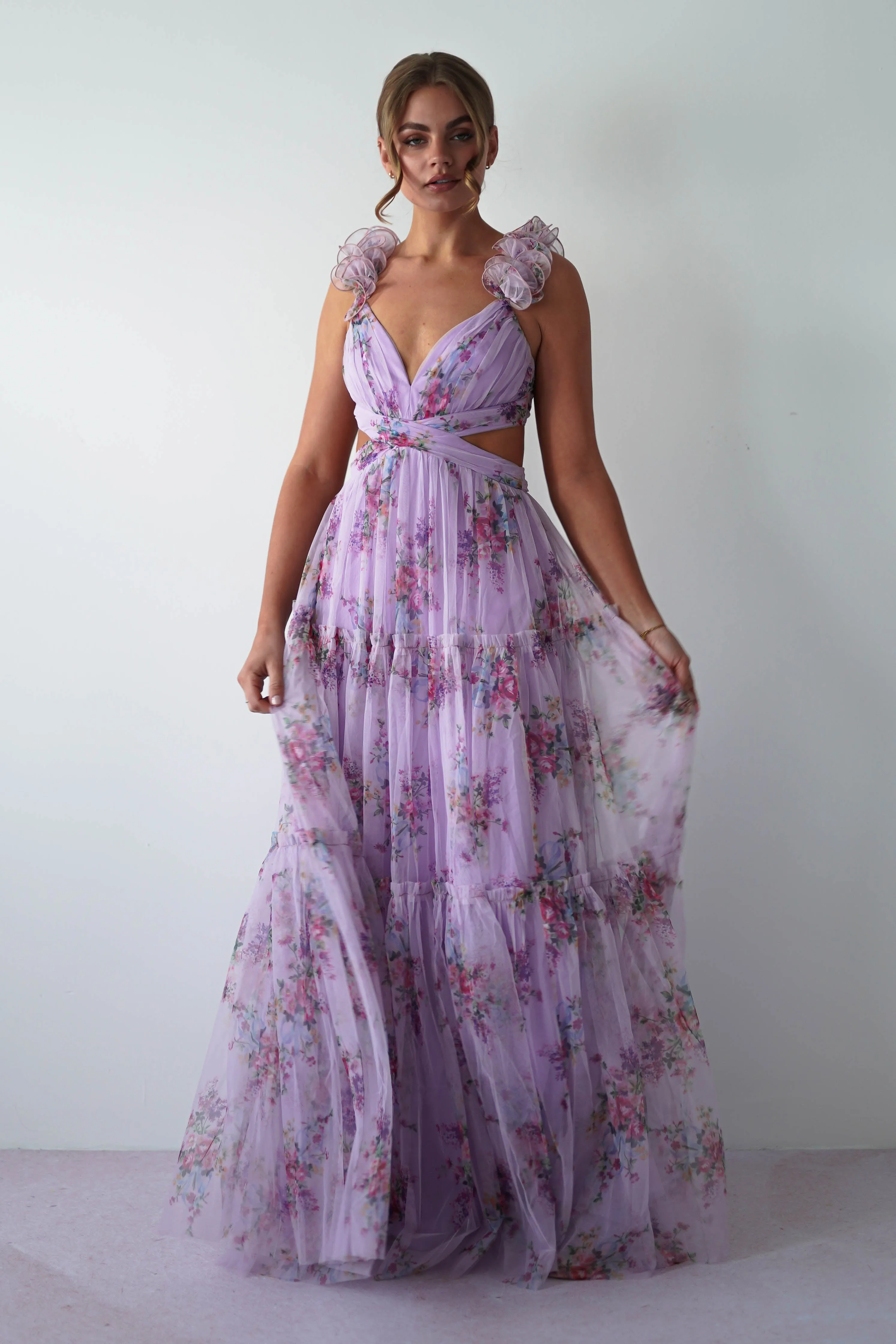 Alma Floral Print Tulle Maxi Dress | Lilac
