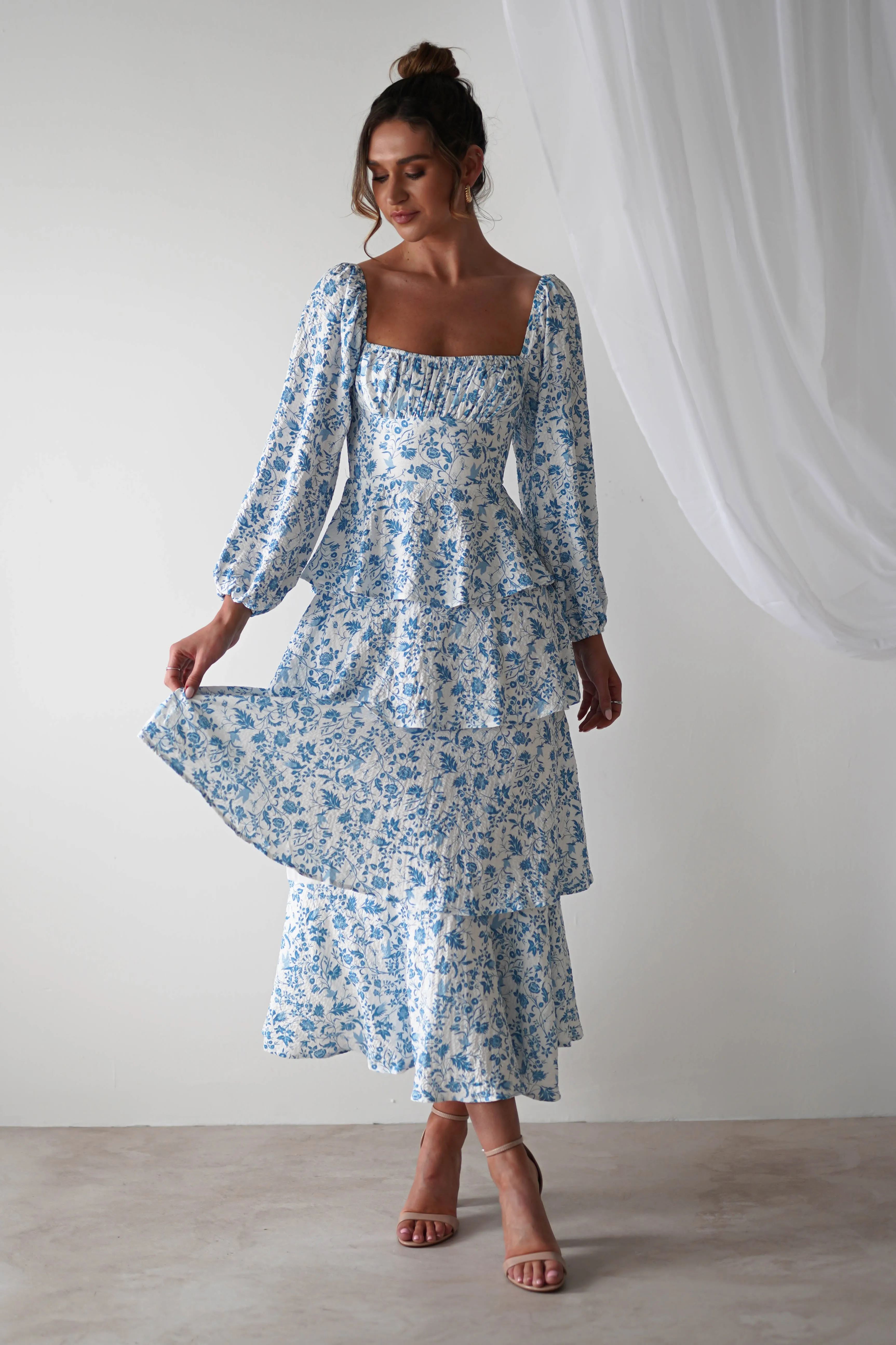 Amelie Floral Print Maxi Dress | Blue/White