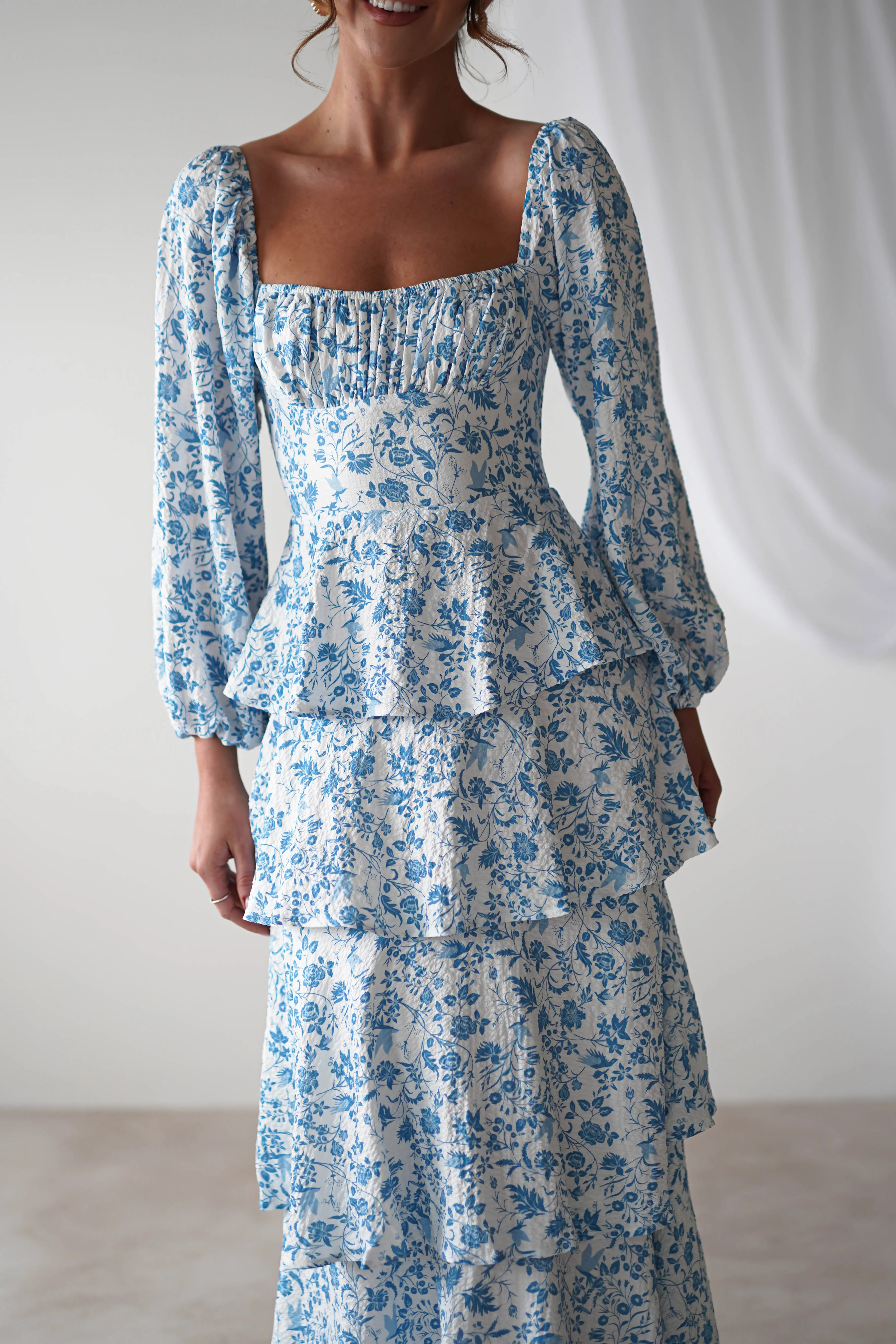 Amelie Floral Print Maxi Dress | Blue/White