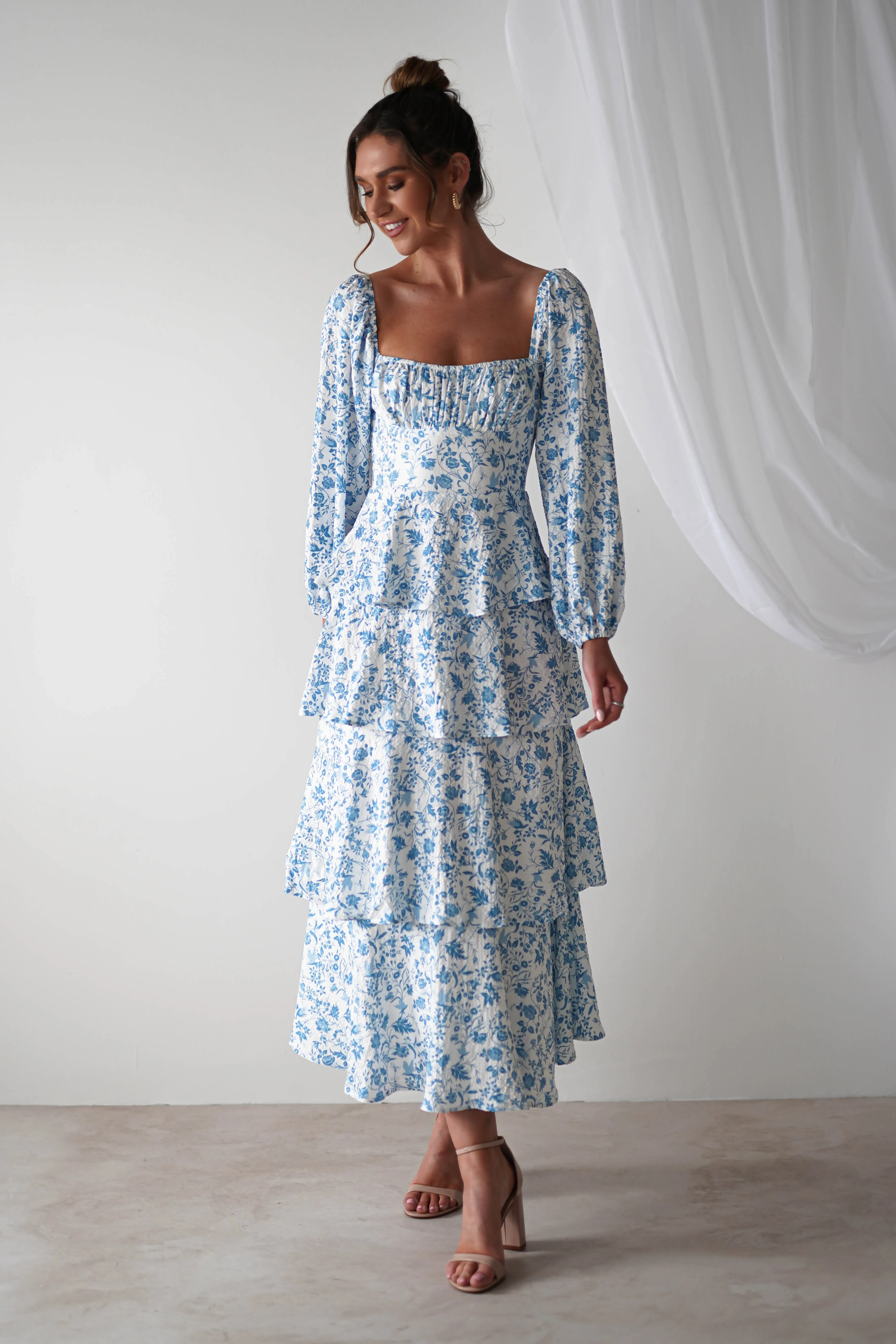 Amelie Floral Print Maxi Dress | Blue/White
