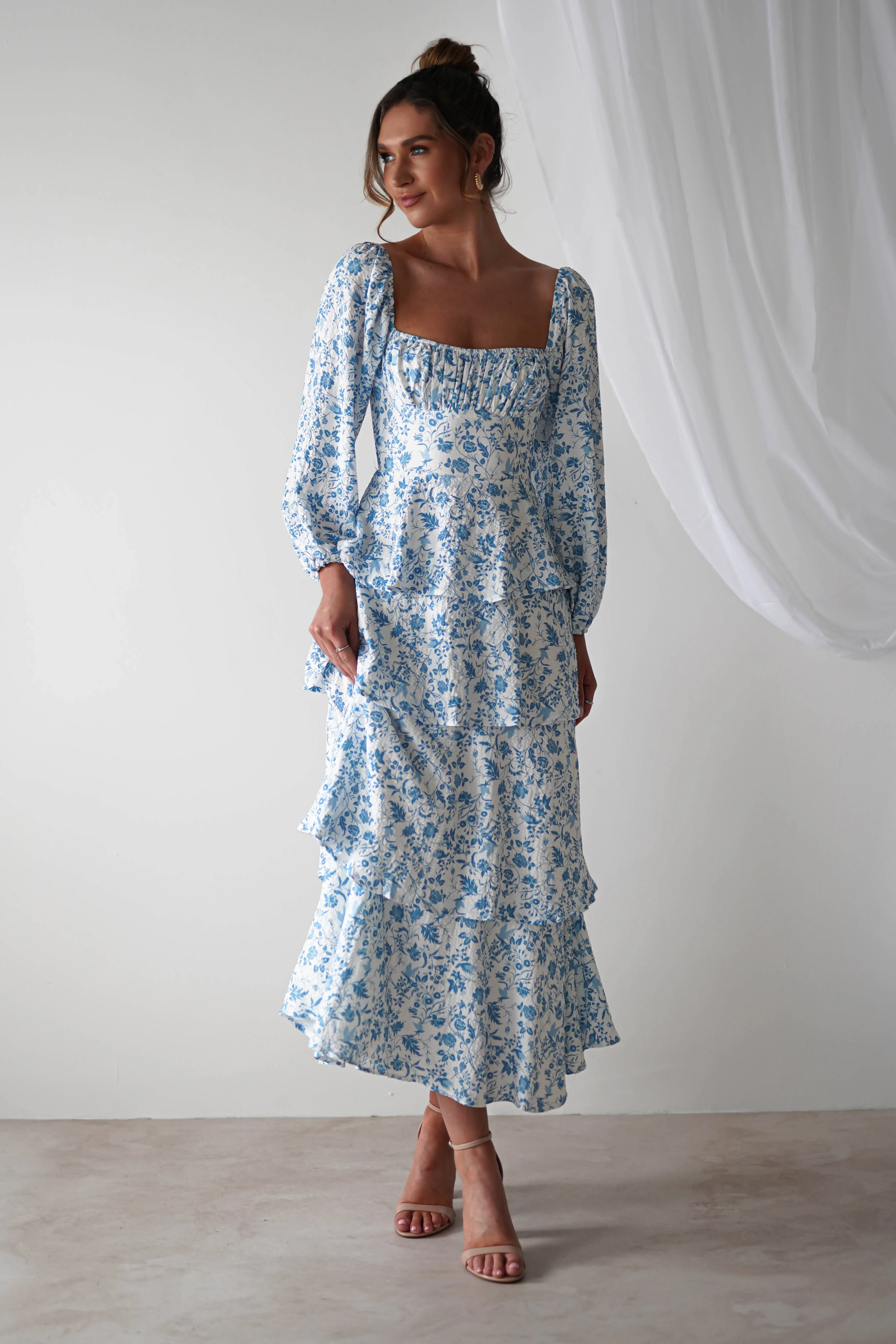 Amelie Floral Print Maxi Dress | Blue/White
