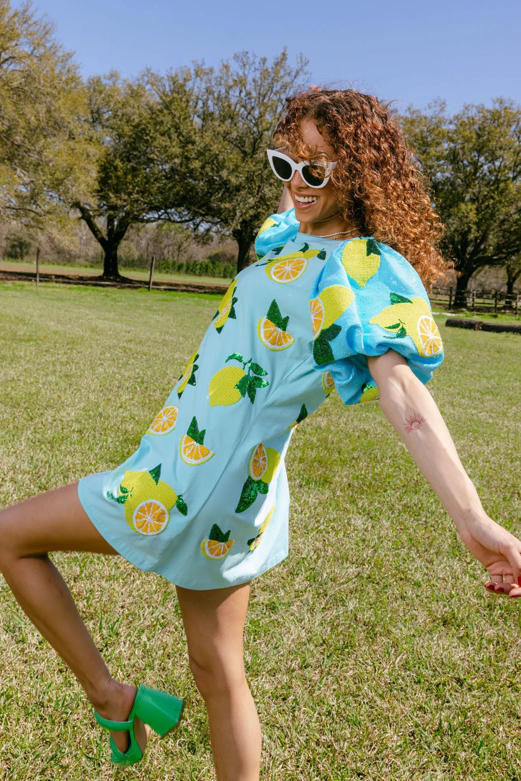 Aqua Sequin Poof Sleeve Lemon Dress
