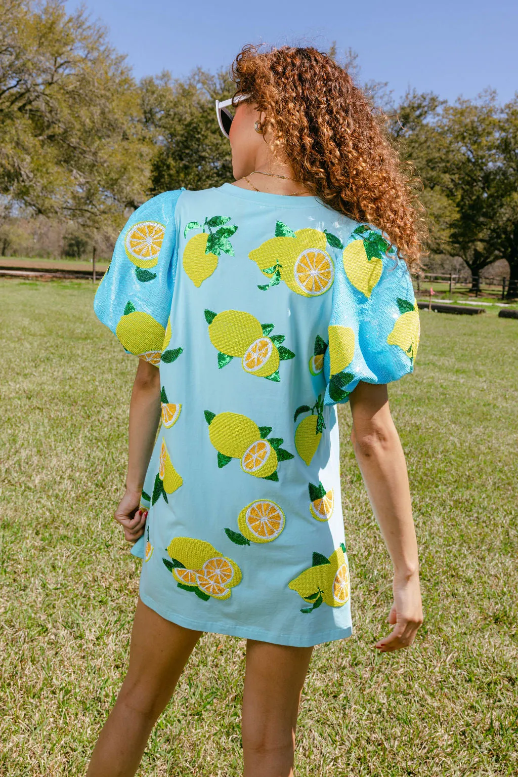 Aqua Sequin Poof Sleeve Lemon Dress