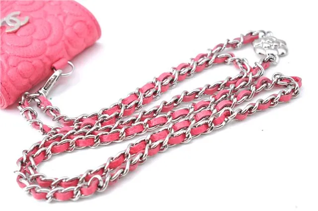 Auth CHANEL Camellia CC Logo AirPods Case Shoulder Chain Leather Pink Box J0696