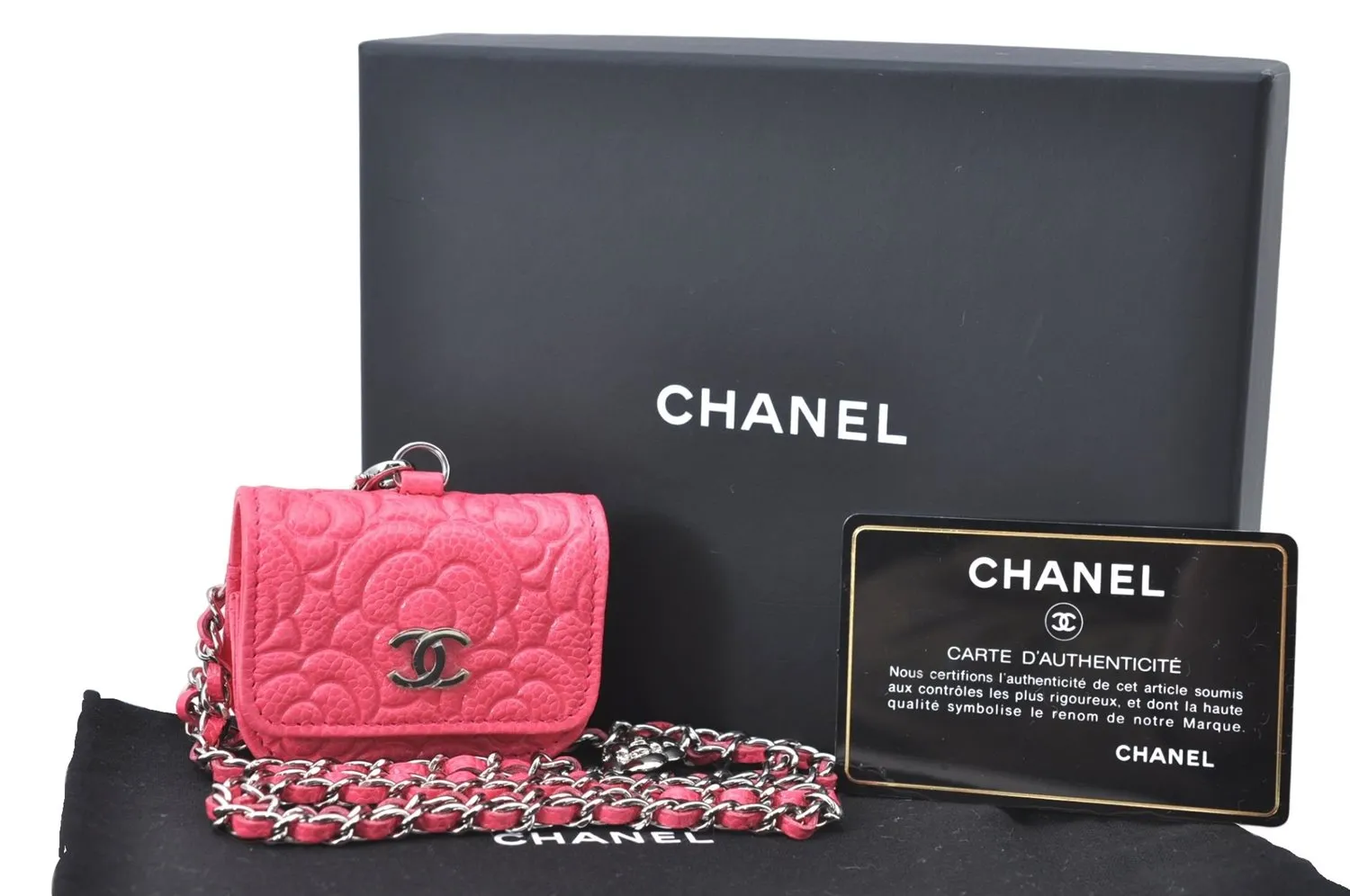 Auth CHANEL Camellia CC Logo AirPods Case Shoulder Chain Leather Pink Box J0696
