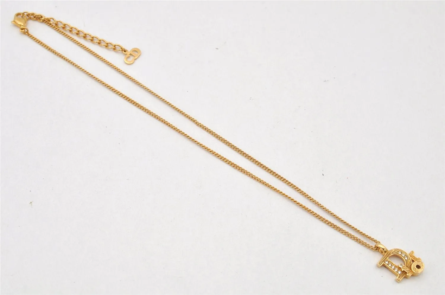 Auth Christian Dior Gold Tone Rhinestone Chain Pendant Necklace CD Box 4251K