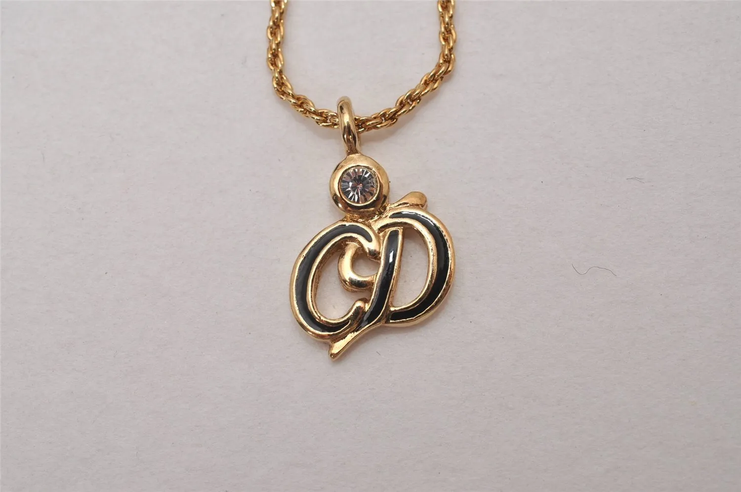 Auth Christian Dior Gold Tone Rhinestone Chain Pendant Necklace CD Box 8139I