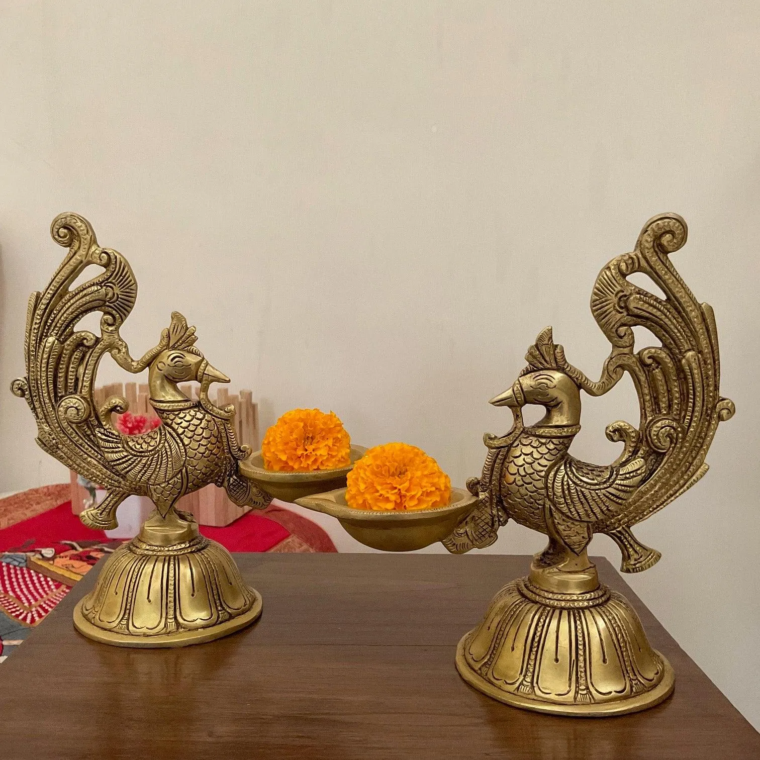 Dancing Peacock Diya (Set of 2) - Handmade Brass lamp -  Brass Diya For Pooja