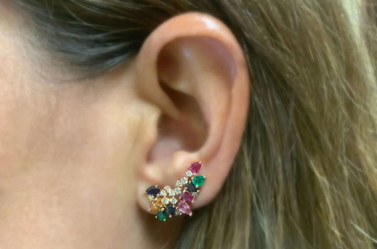 Earrings 18kt Gold Wild Climbers Multicolor Gemstones & Diamonds