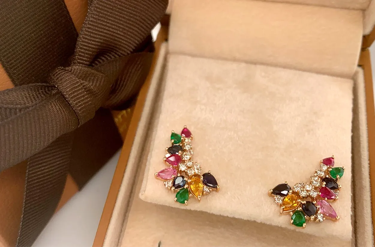 Earrings 18kt Gold Wild Climbers Multicolor Gemstones & Diamonds