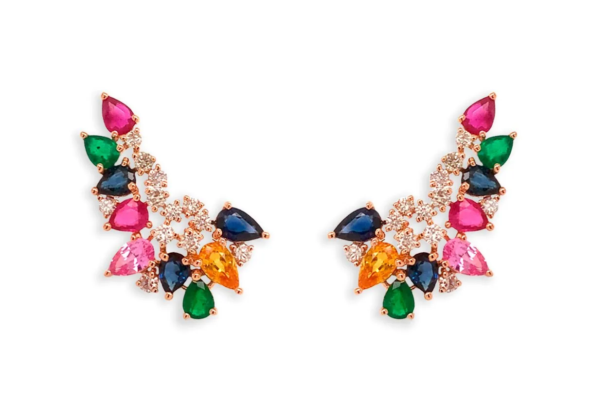 Earrings 18kt Gold Wild Climbers Multicolor Gemstones & Diamonds