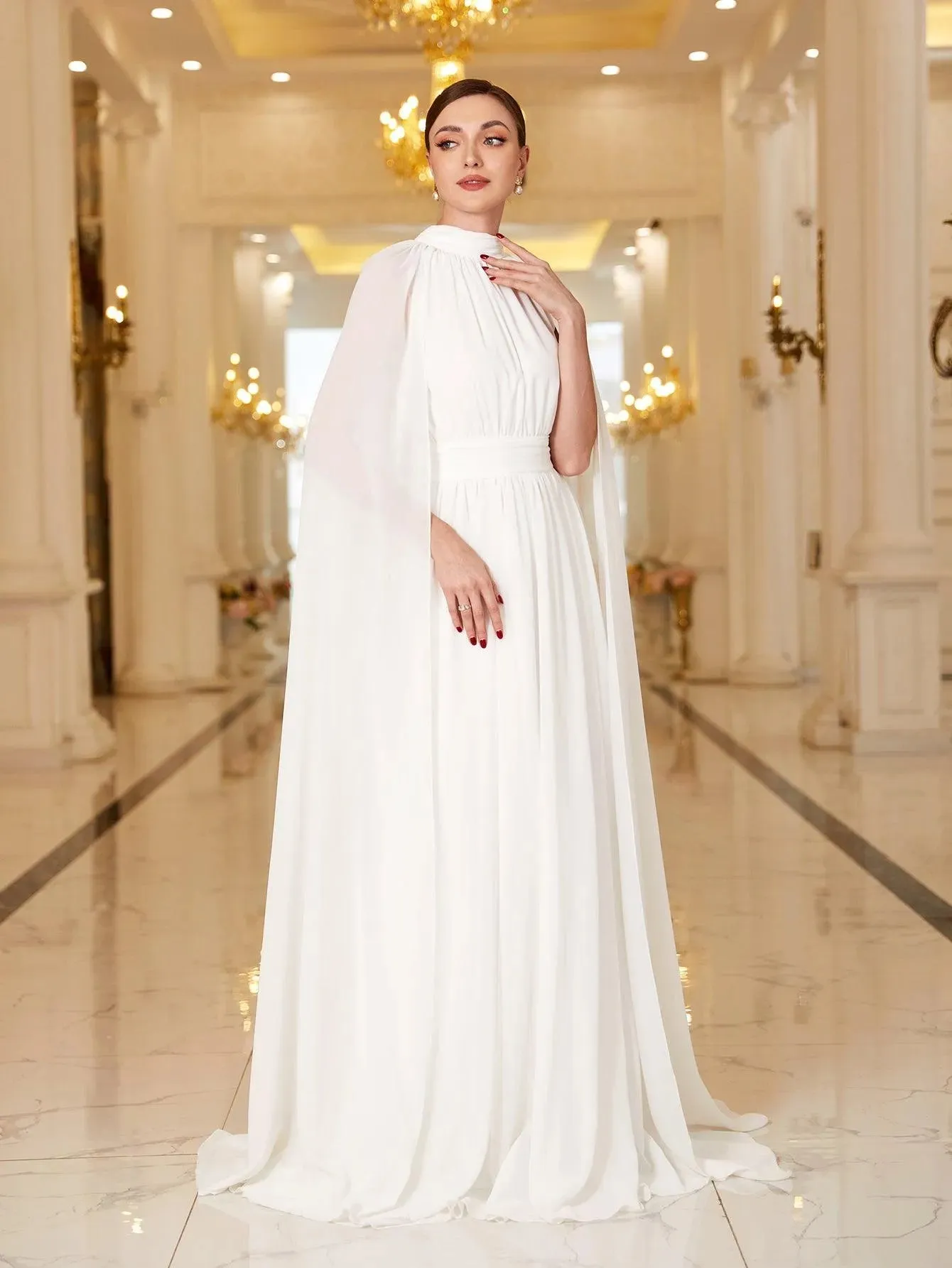 Elegant Mock Neck Cloak Sleeve Chiffon Formal Dress