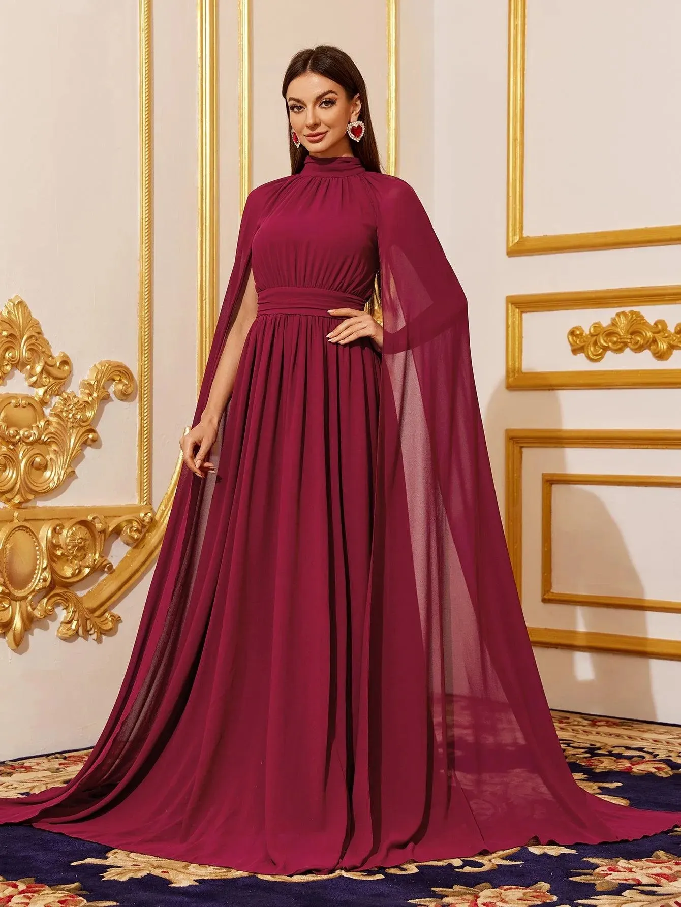 Elegant Mock Neck Cloak Sleeve Chiffon Formal Dress