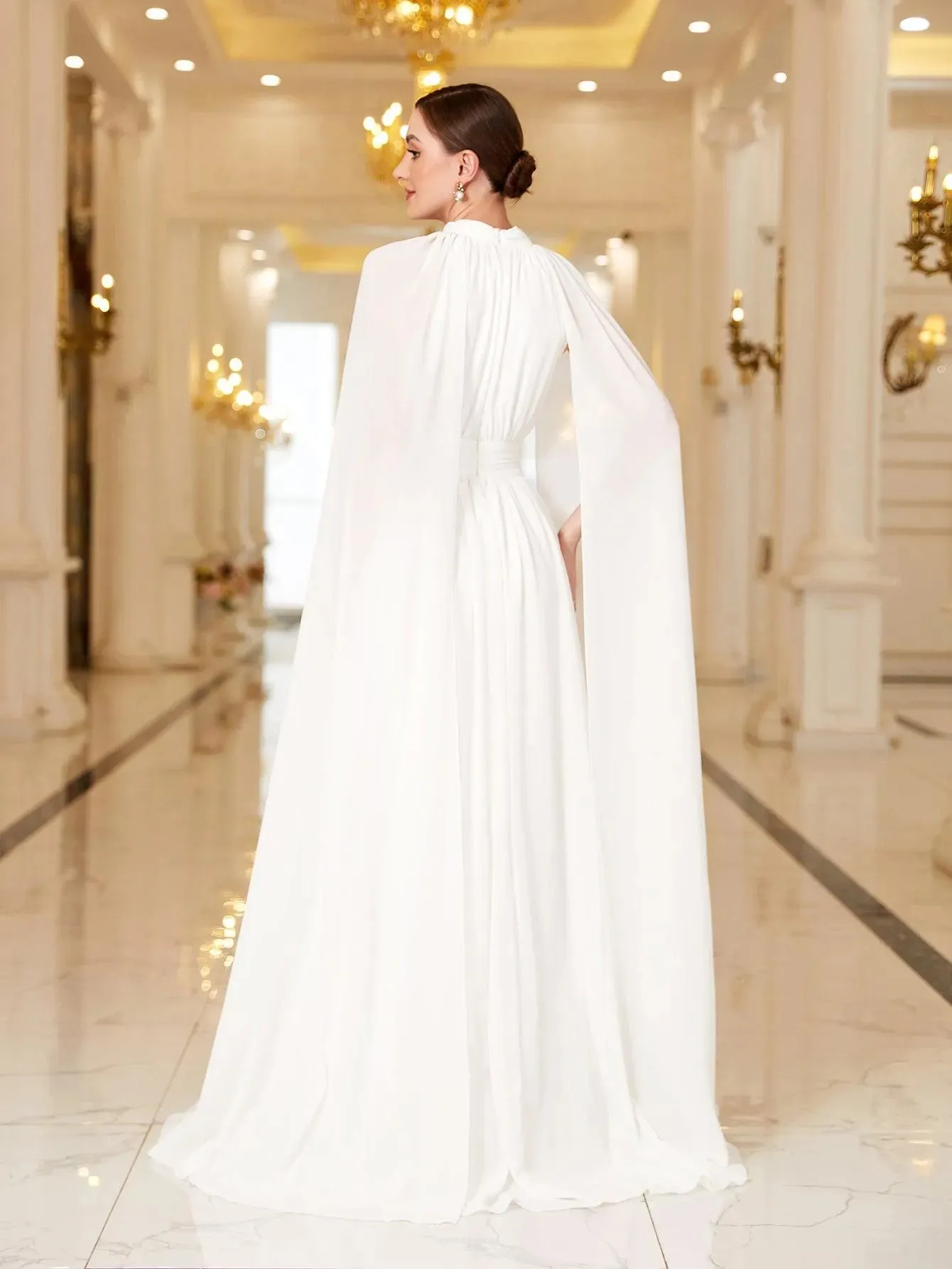 Elegant Mock Neck Cloak Sleeve Chiffon Formal Dress