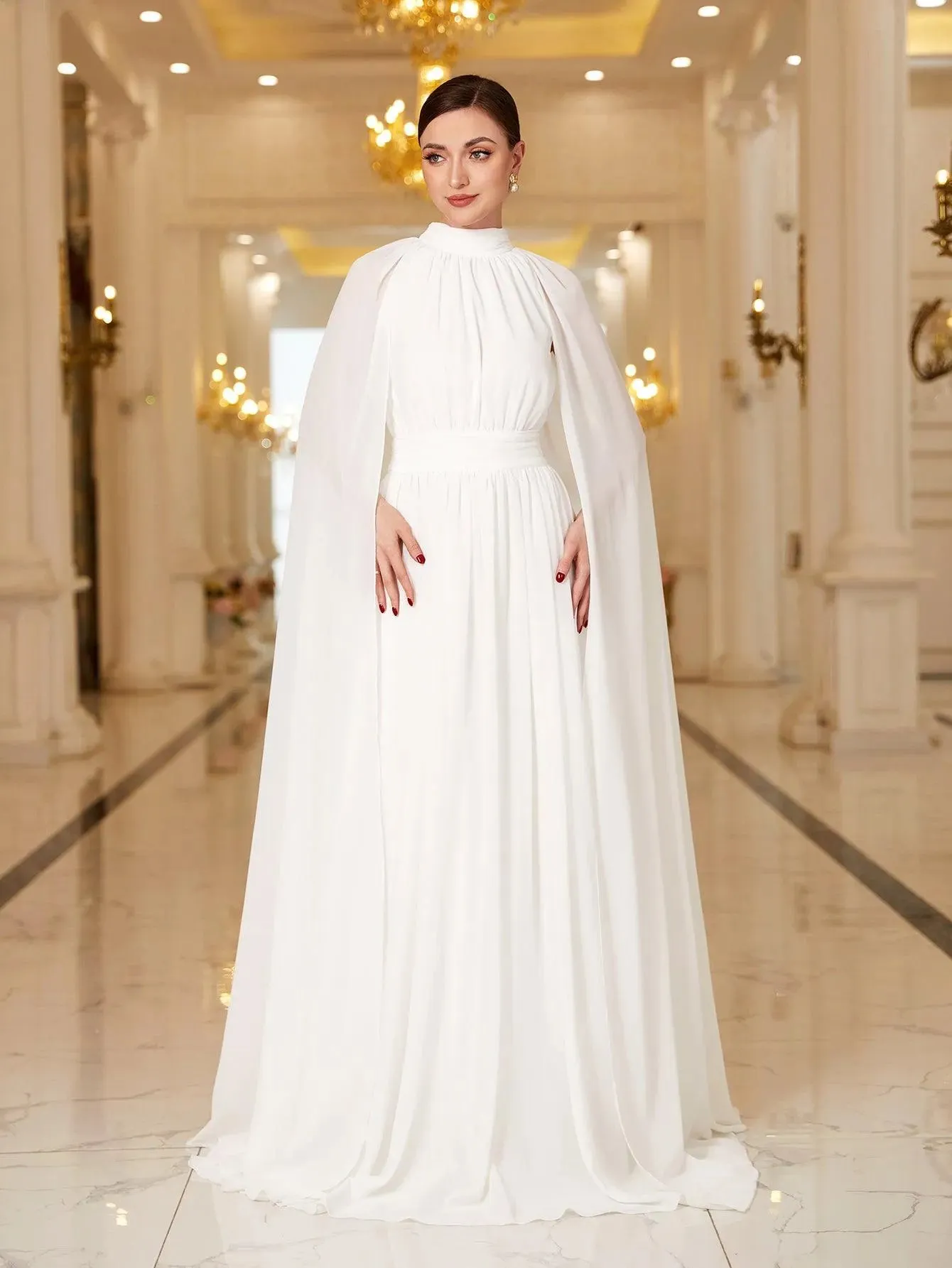 Elegant Mock Neck Cloak Sleeve Chiffon Formal Dress