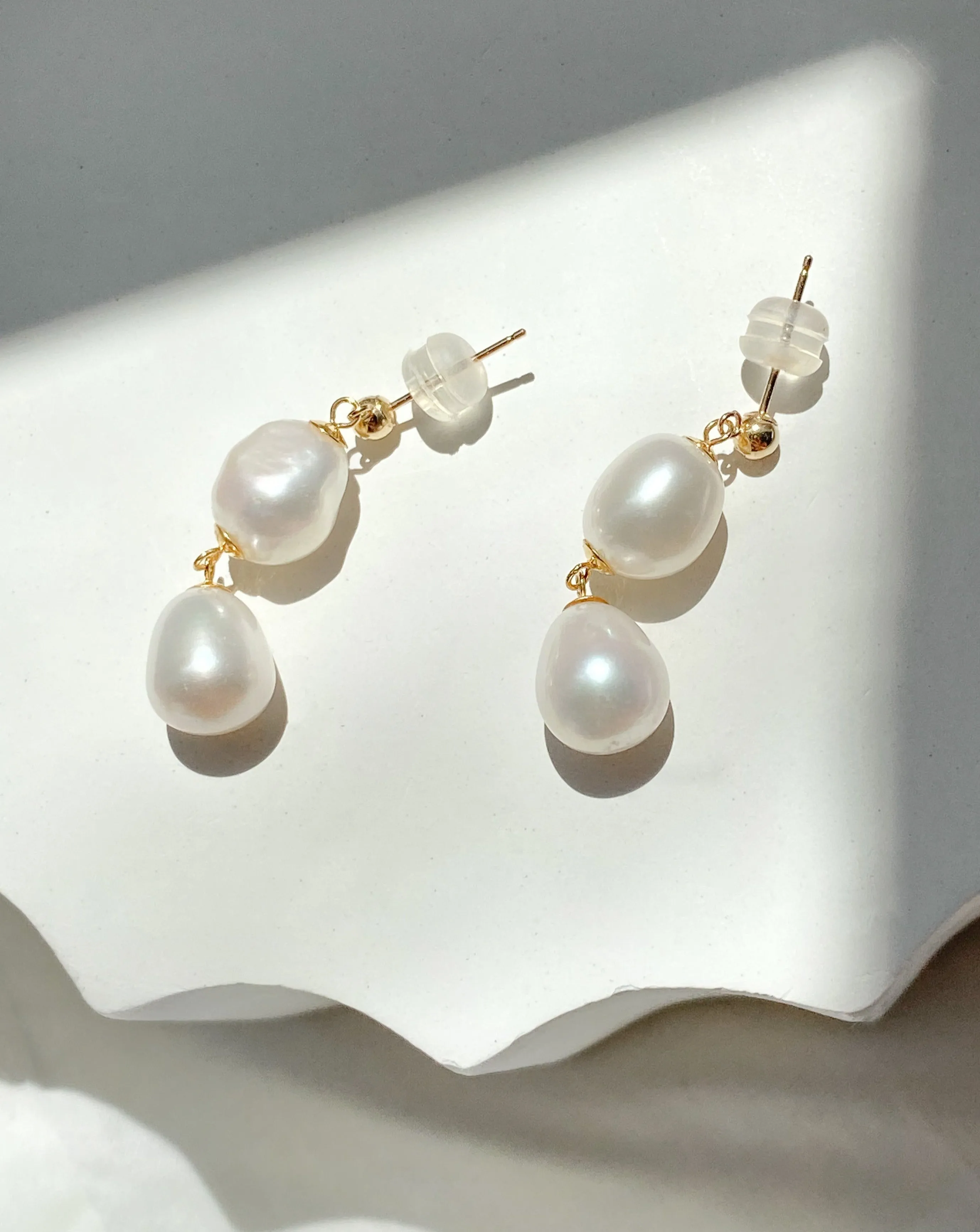 Elisse Double Drop Pearl Studs | Solid Gold