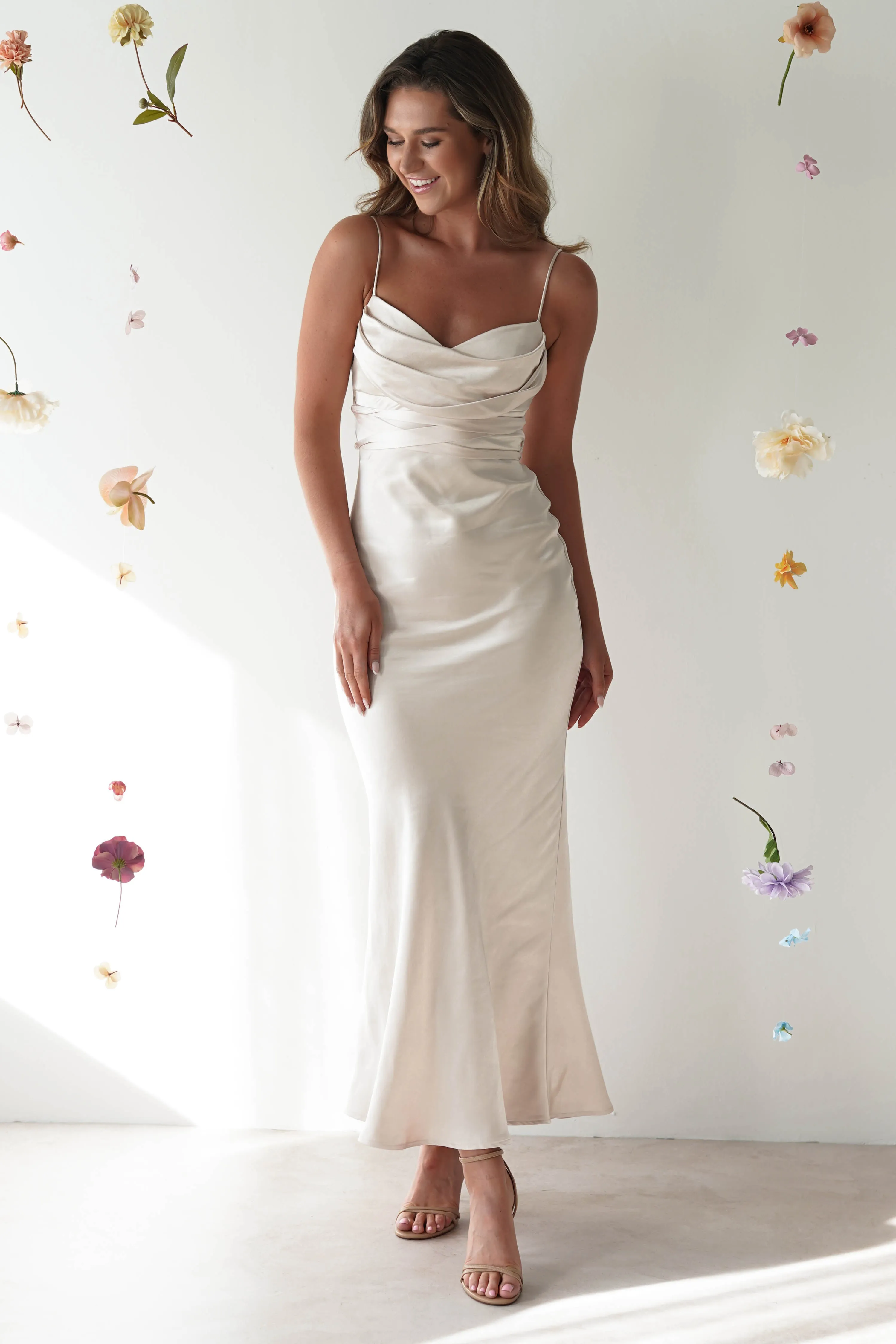 Everleigh Soft Satin Midi Dress | Champagne