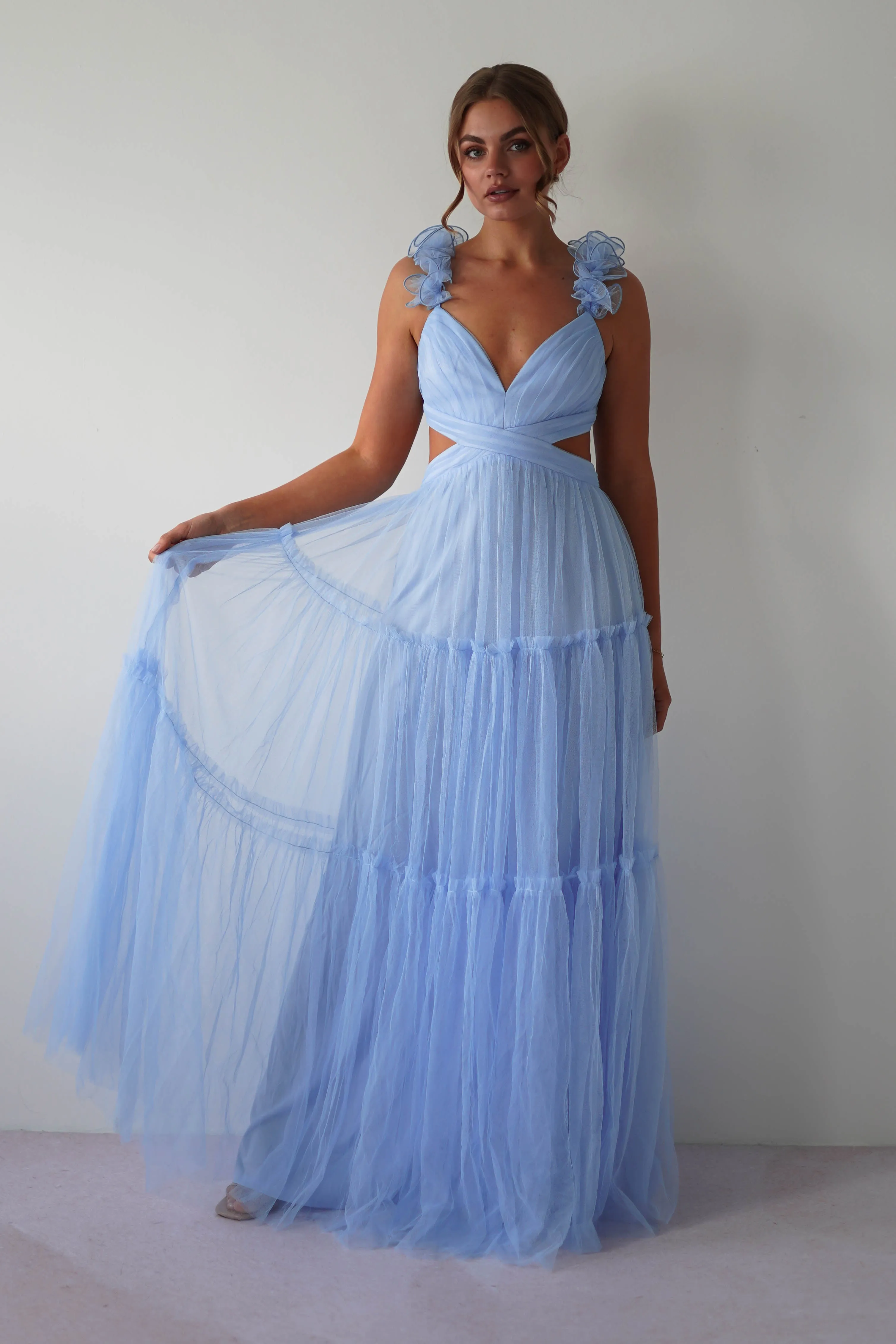 Galiena Ruffle Tulle Maxi Dress | Blue