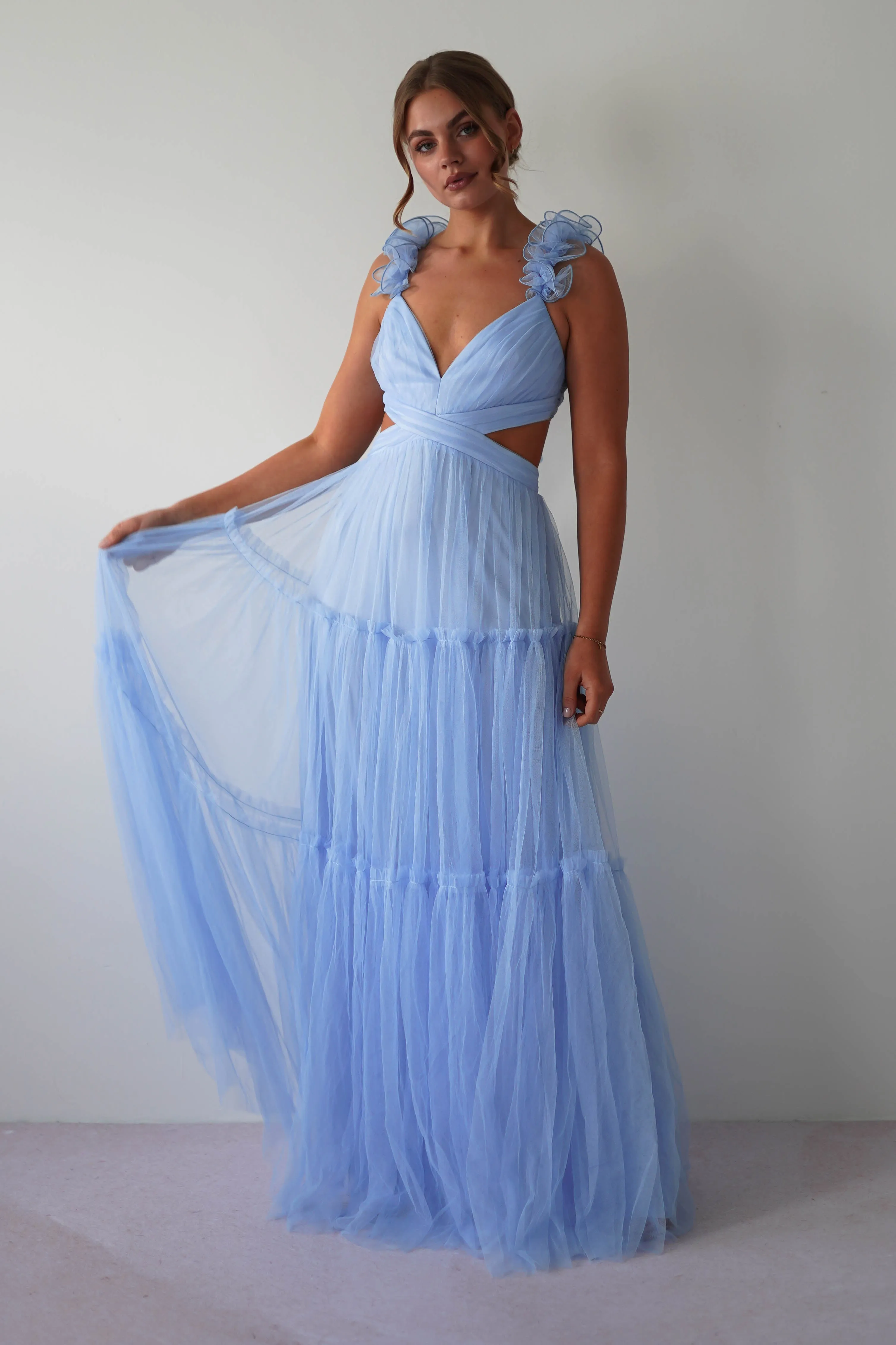 Galiena Ruffle Tulle Maxi Dress | Blue