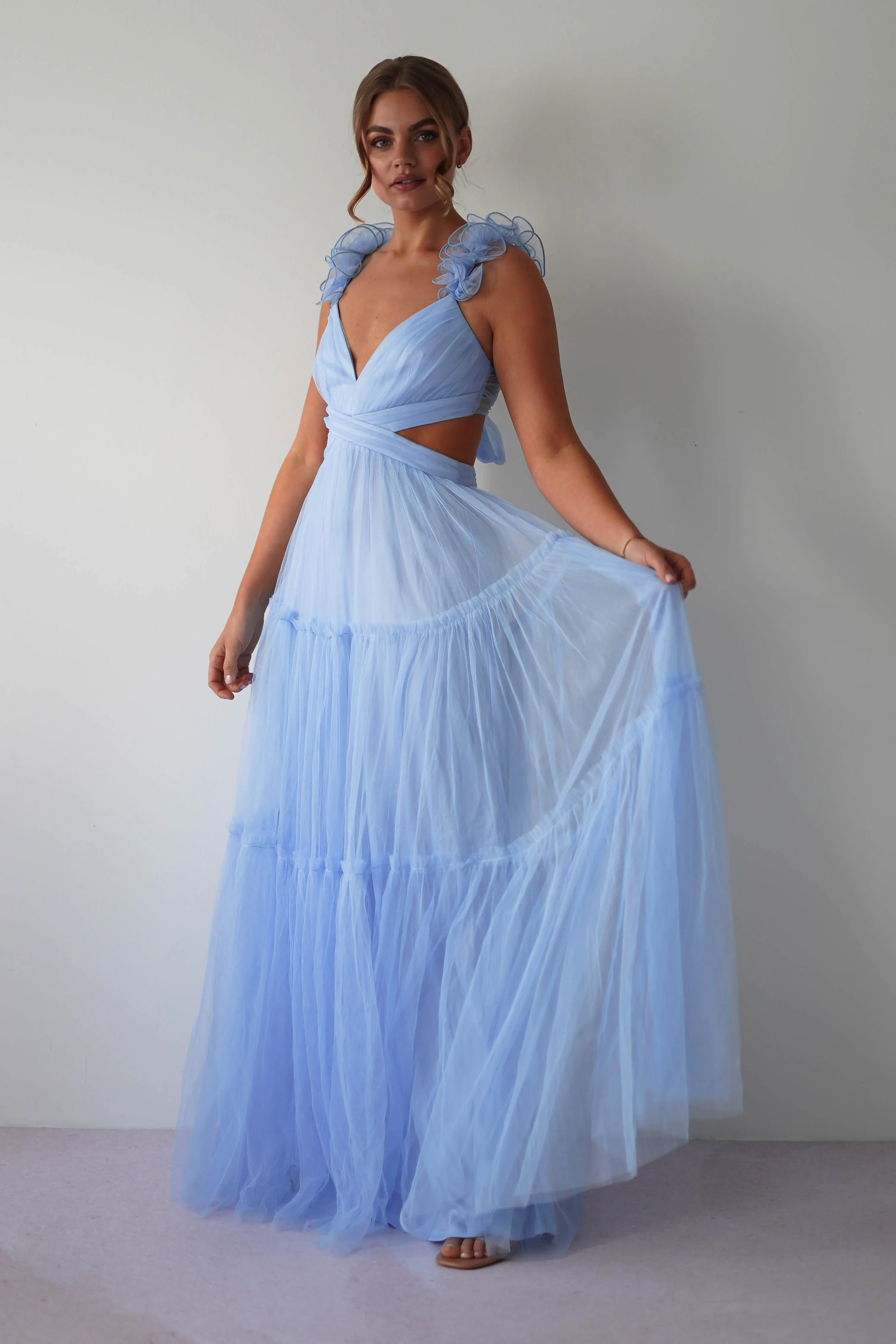 Galiena Ruffle Tulle Maxi Dress | Blue