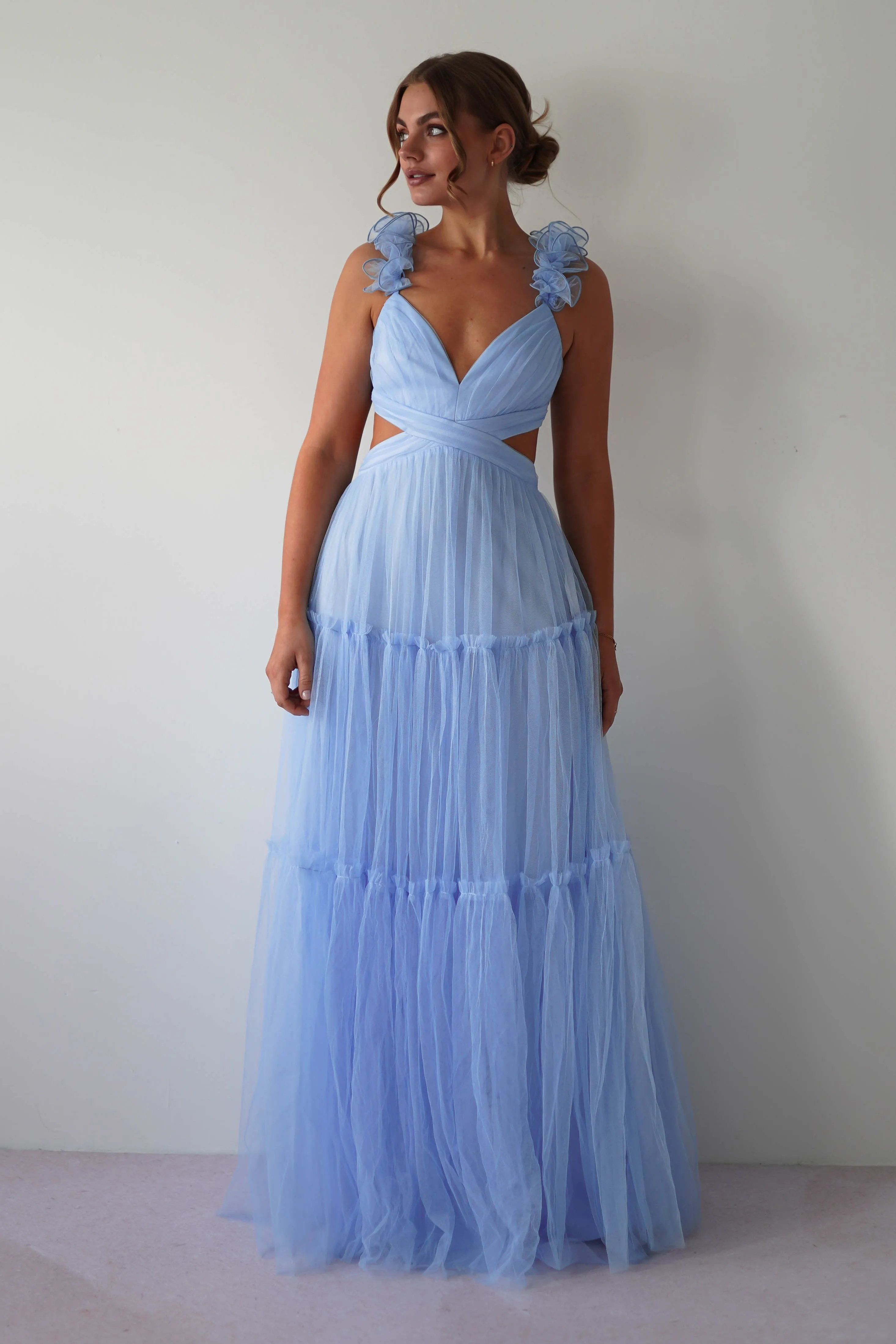 Galiena Ruffle Tulle Maxi Dress | Blue