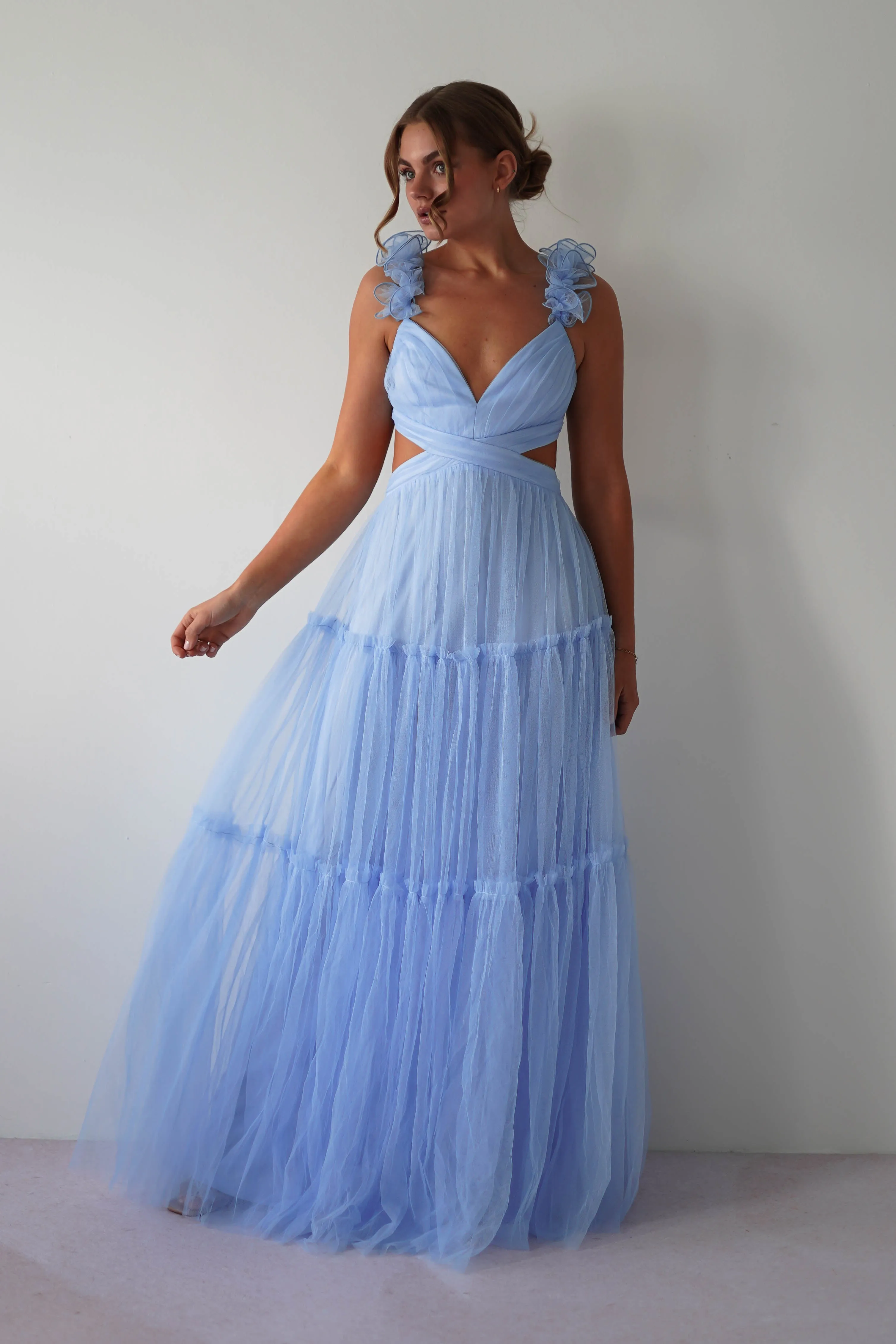 Galiena Ruffle Tulle Maxi Dress | Blue
