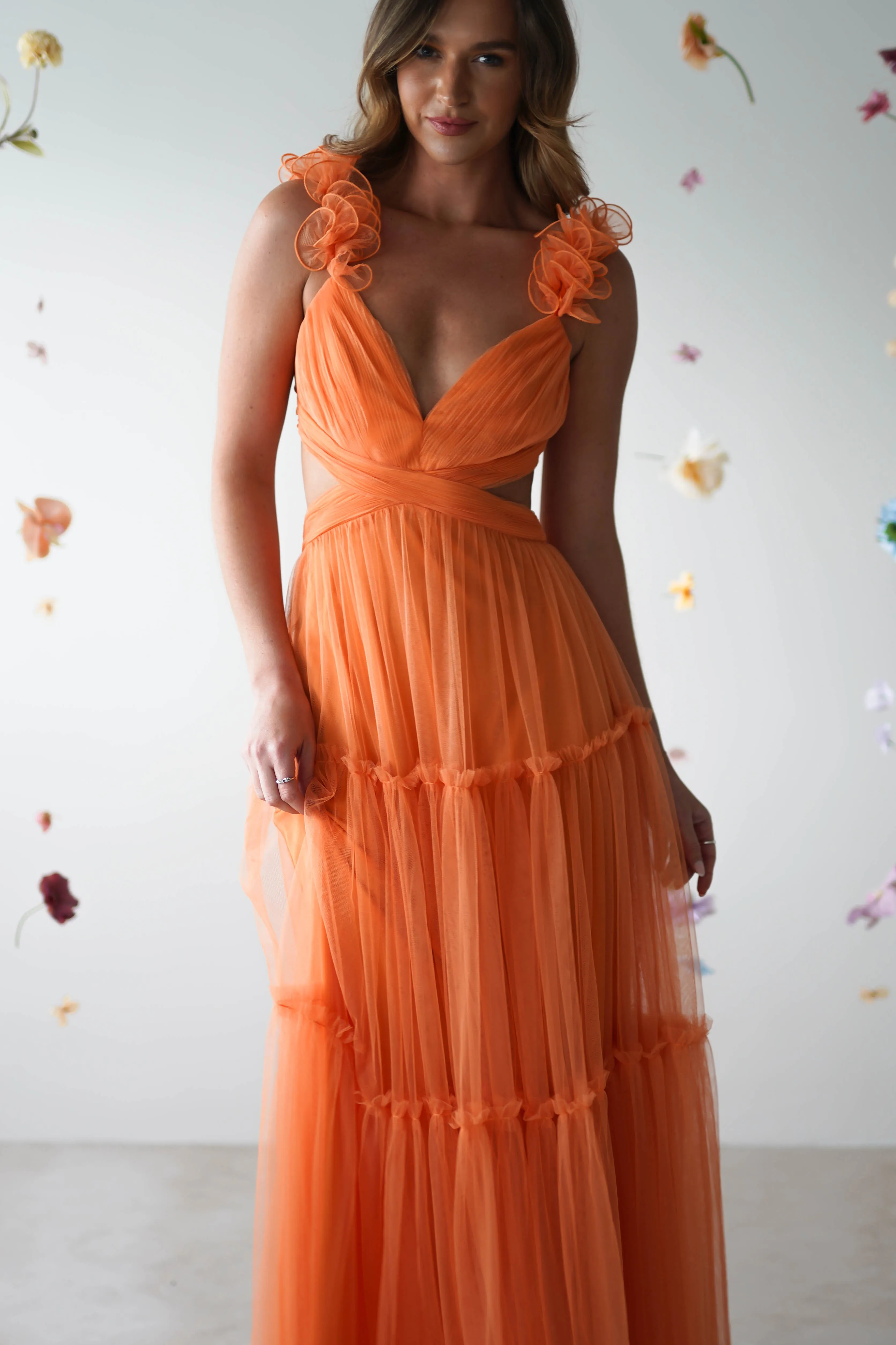 Galiena Ruffle Tulle Maxi Dress | Orange