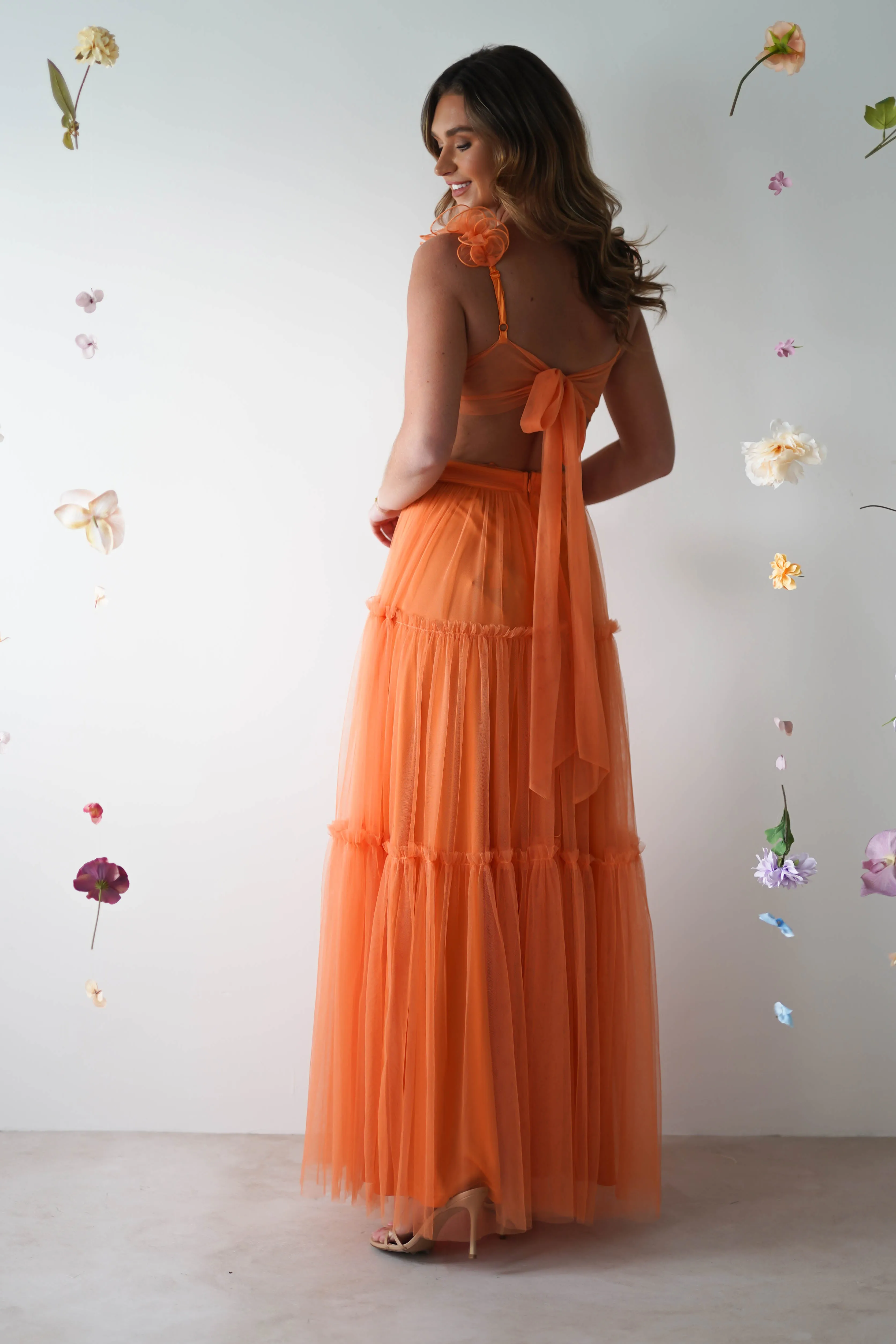 Galiena Ruffle Tulle Maxi Dress | Orange