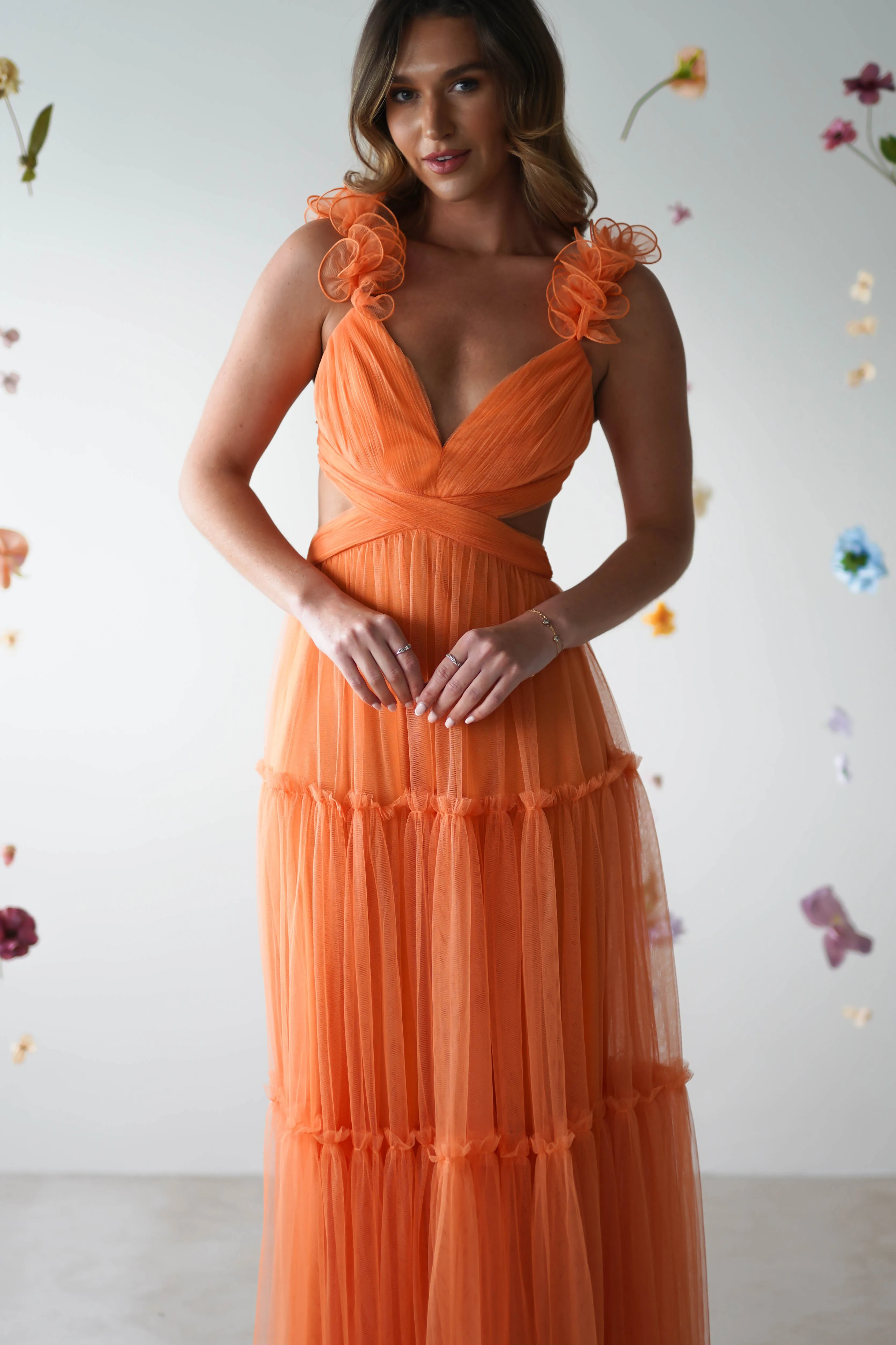 Galiena Ruffle Tulle Maxi Dress | Orange